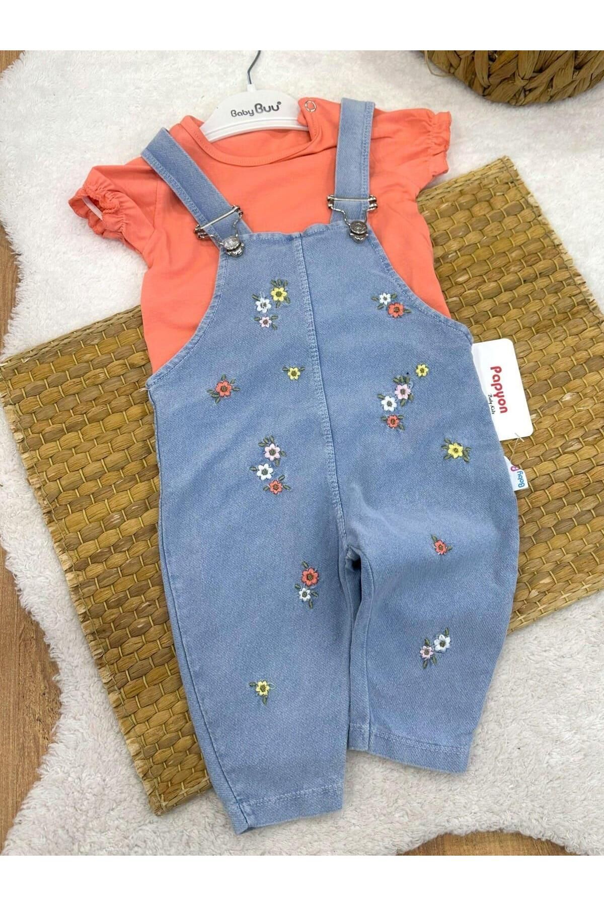 Papyon Baby Kids Lastik Kol Düz Badi Çiçek Nakışlı Kot Salopet Kız Bebek Takım (6-9/9-12/12-18/18-24 Ay)
