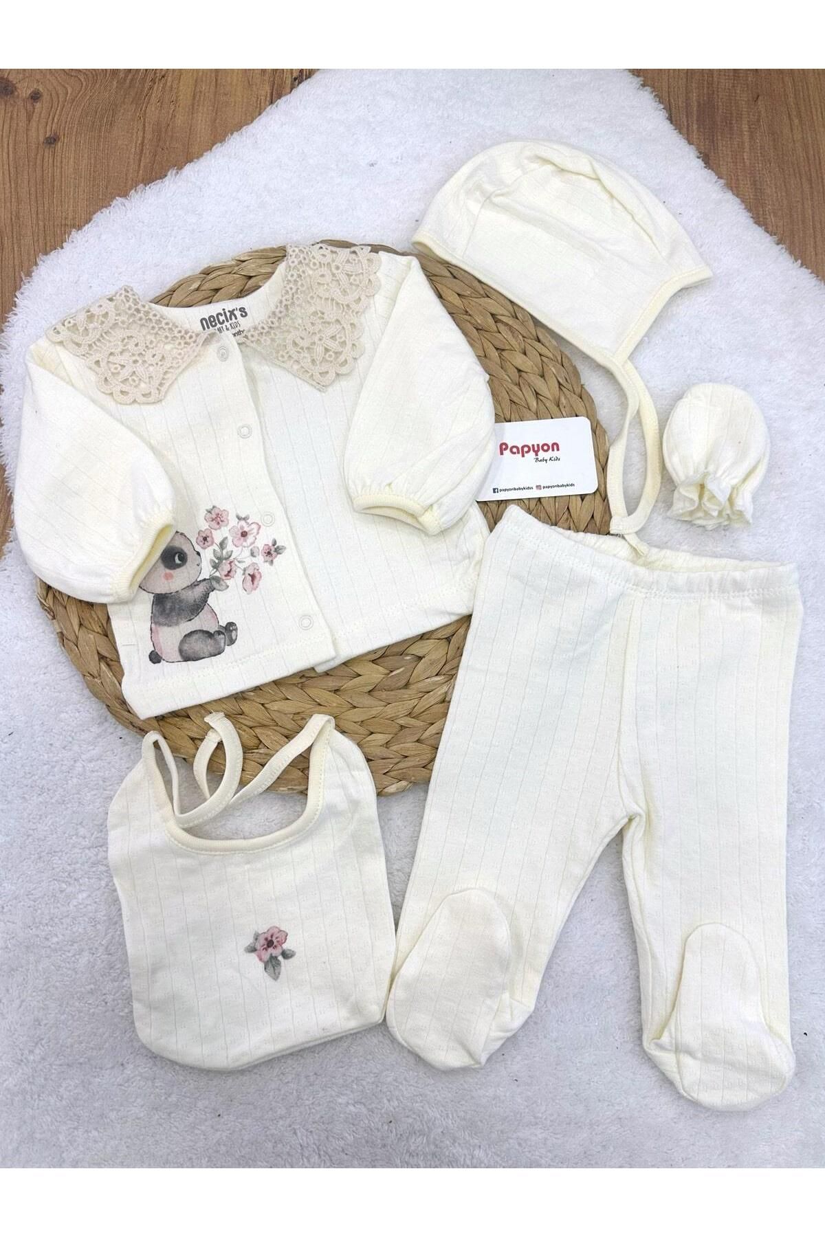 Papyon Baby Kids Dantelli Yakalı Panda Baskılı Yenidoğan Kız Bebek 5li Zıbın Set Hastane Çıkışı