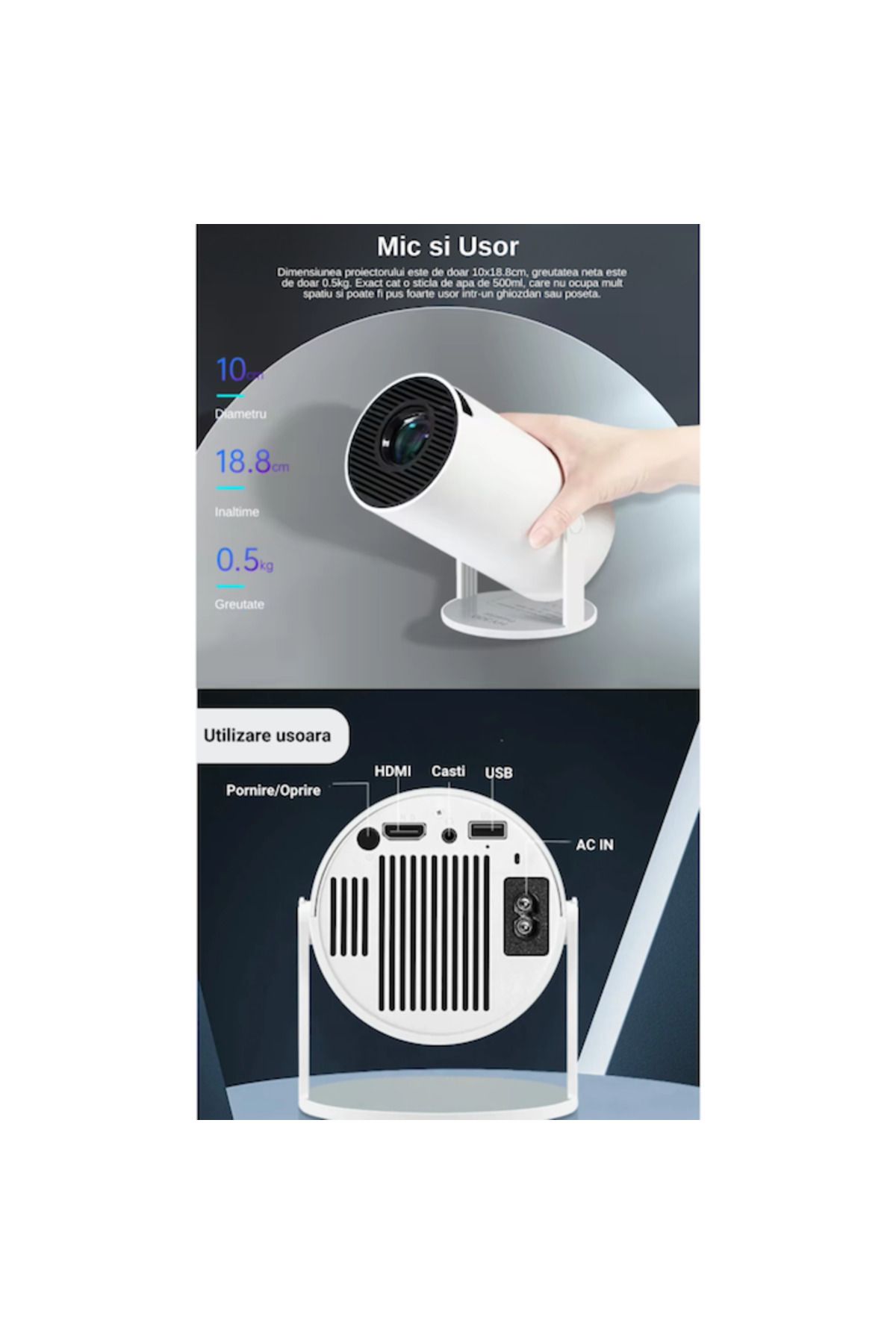 varioshop-Videoproiector Portabil Smart 4K VarioShop®, 1200 lumeni, Wi-Fi 2.4/5G/BT4.1, Bluetooth 5.0, Sistem 9