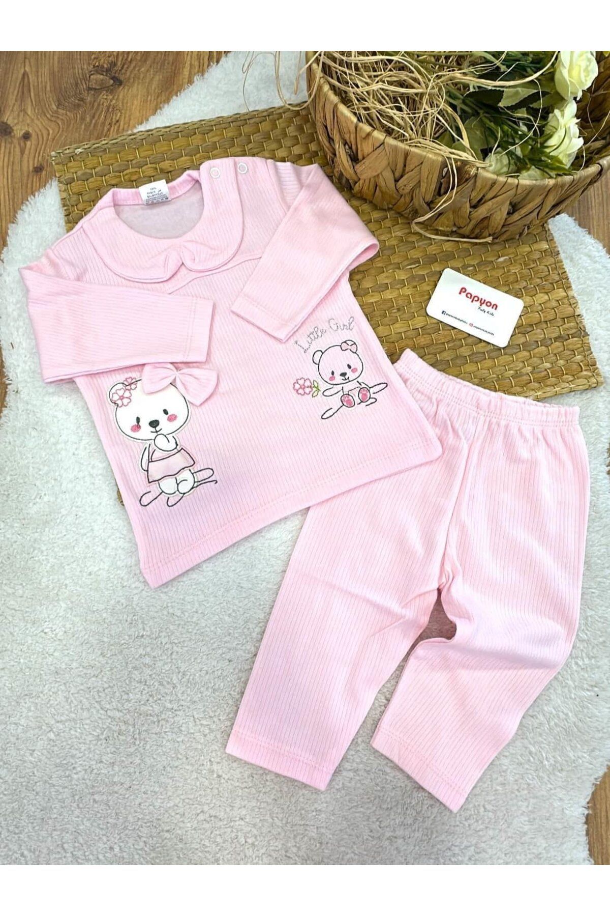 Papyon Baby Kids Fiyonklu Tavşan Nakışlı Raporlu Kız Bebek Takım (0-3/3-6 Ay)