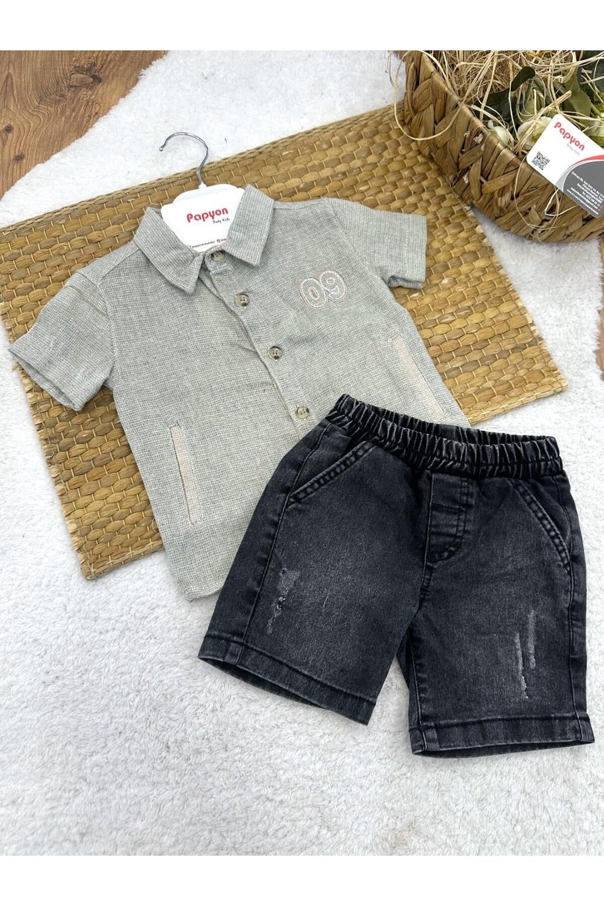Papyon Baby Kids 09 Nakışlı Gömlek Kot Şort Erkek Bebek Takım (6-9/9-12/12-18/18-24 Ay)