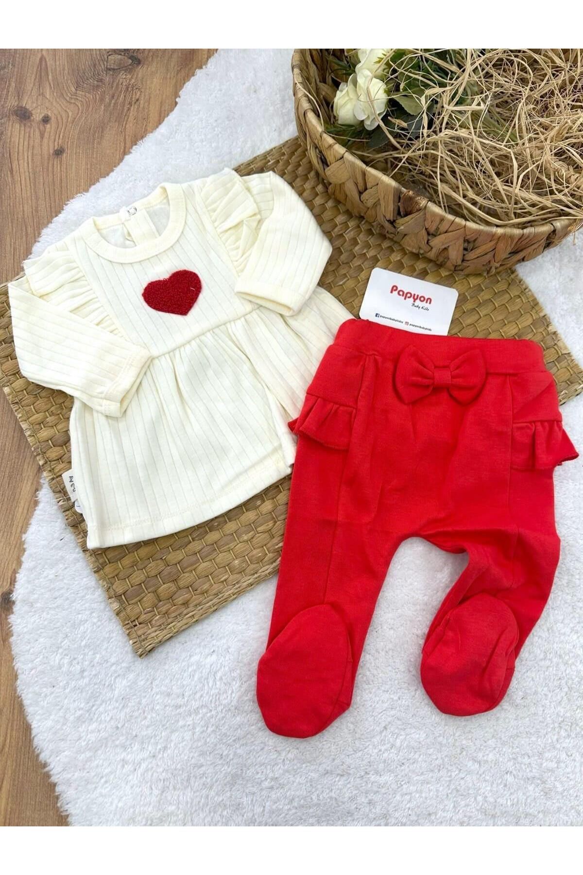 Papyon Baby Kids Süzene Kalp Nakışlı Fitilli Kız Bebek Zıbın Takım 0-3 Ay