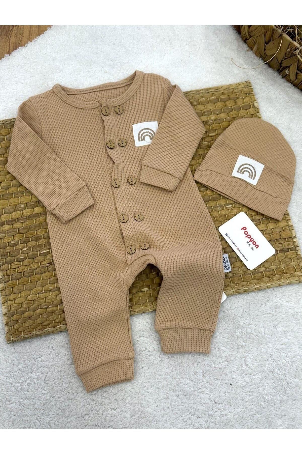 Papyon Baby Kids Gökkuşağı Armalı Waffle Bereli Erkek Bebek Tulum Set 3-6/6-9/9-12/12-18 Ay