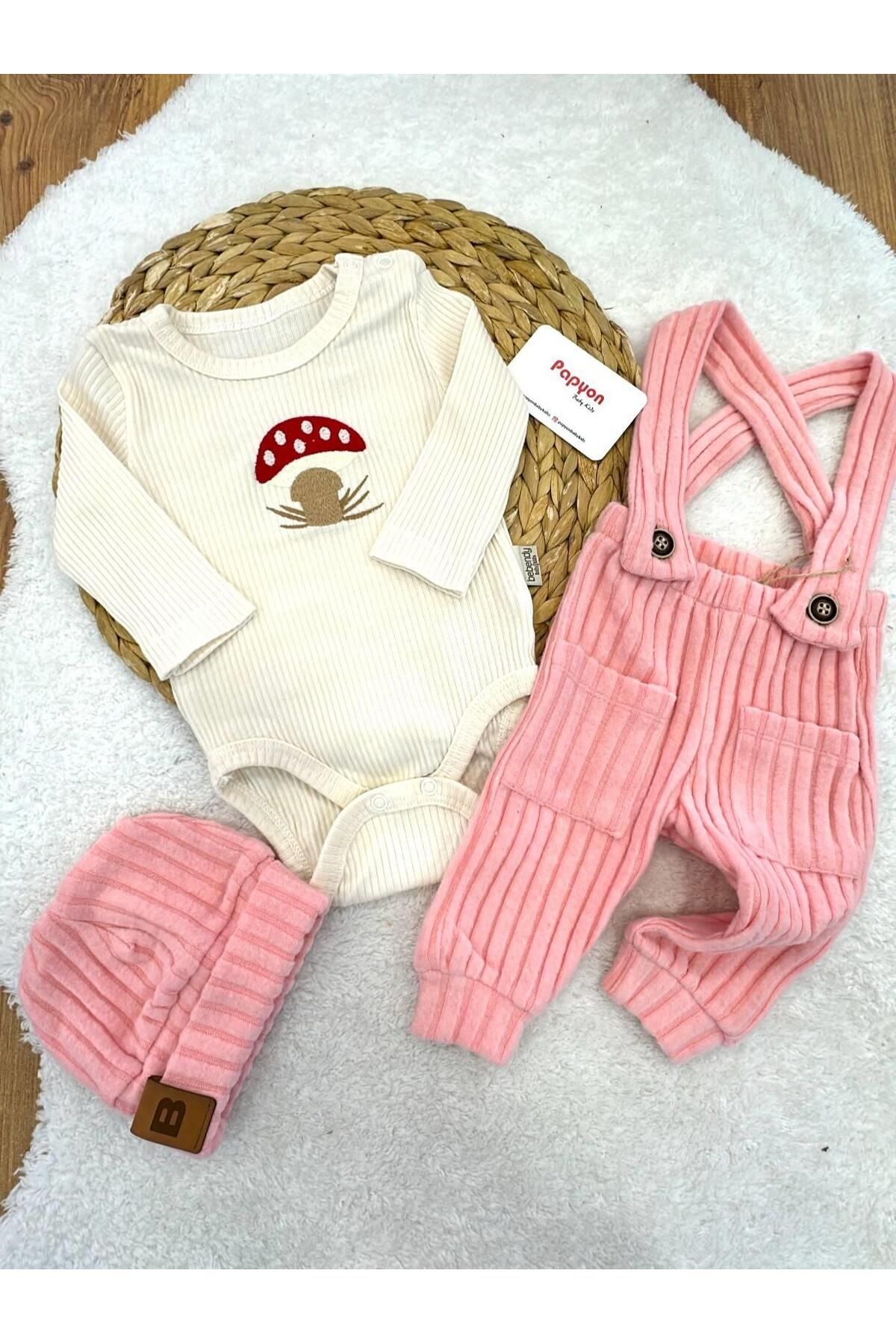 Papyon Baby Kids Mantar Nakışlı Badili Bereli Kız Bebek Örme Kaşkorse Salopet Takım (3-6/6-9/9-12/12-18 Ay)