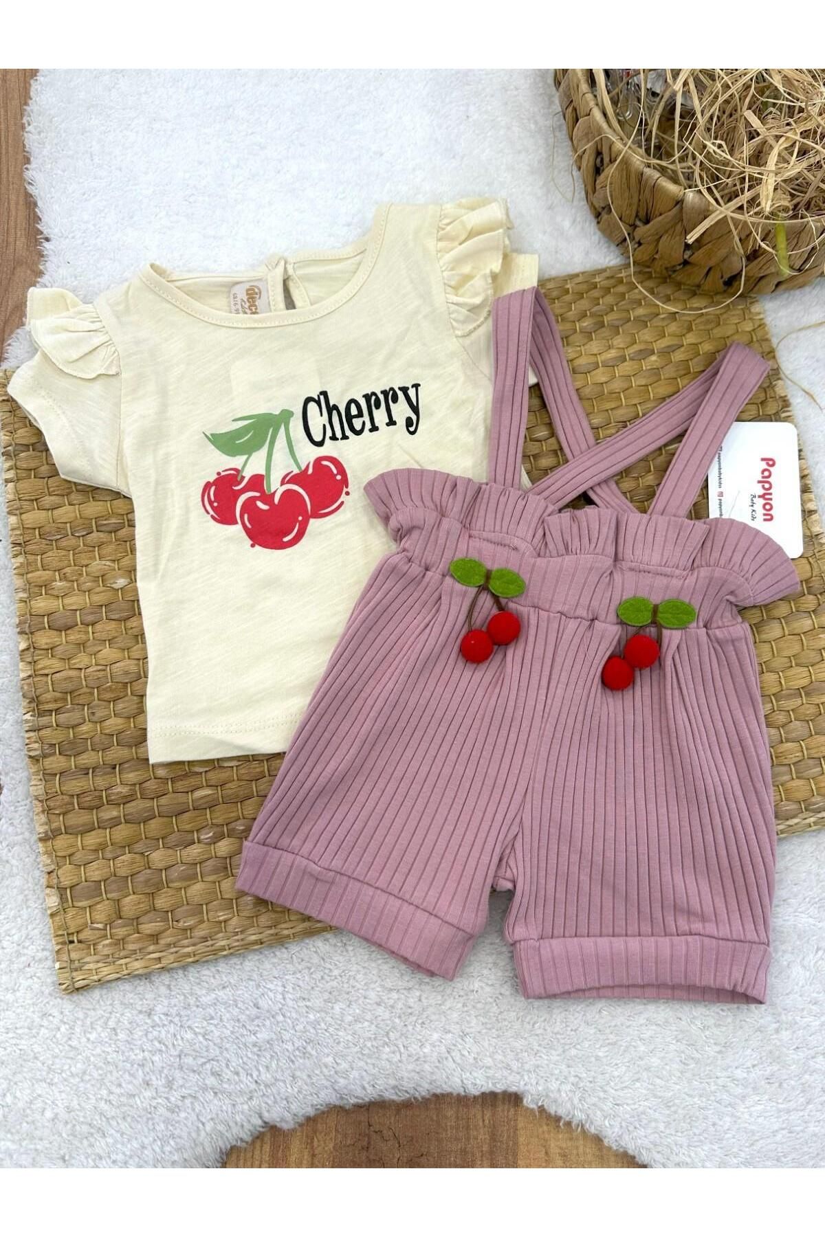 Papyon Baby Kids Kirazlı Tişört Fitilli Askılı Şort Kız Bebek Takım (6-9/9-12/12-18/18-24 Ay)