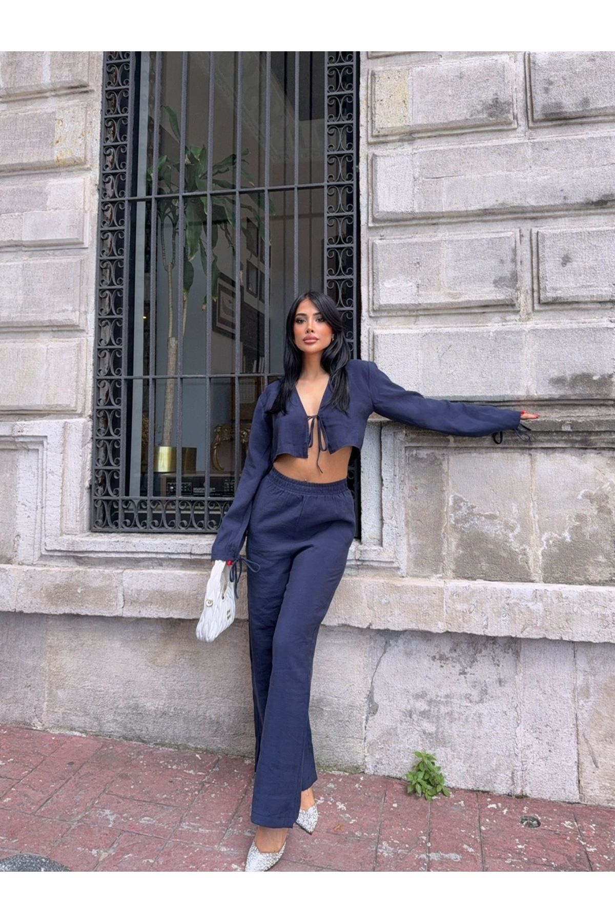 Ekim Store Crop Bağcıklı Modal Gömlek Pantolon Takım