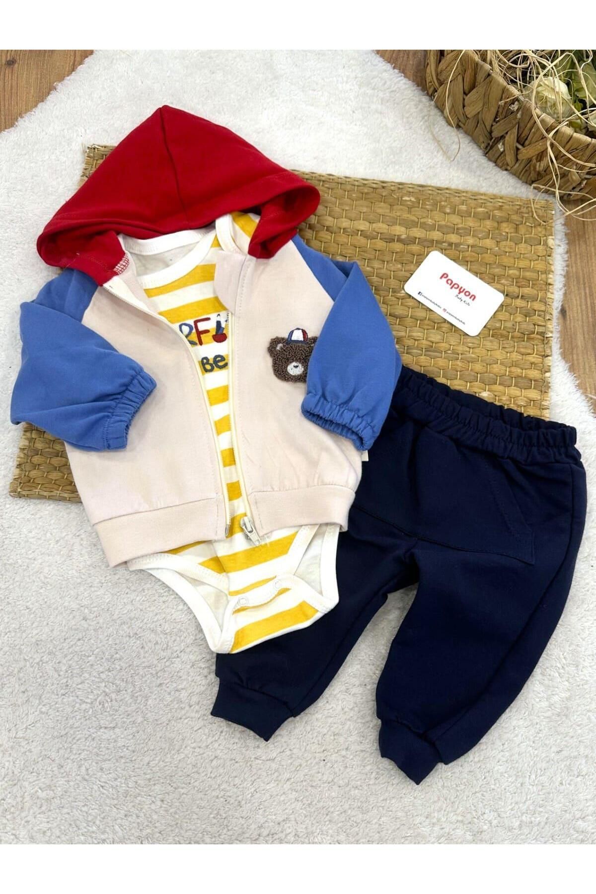 Papyon Baby Kids Colorful Süzene Ayıcık Nakışlı Kapşonlu Hırkalı Erkek Bebek 3lü Takım (3-6/6-9 Ay)