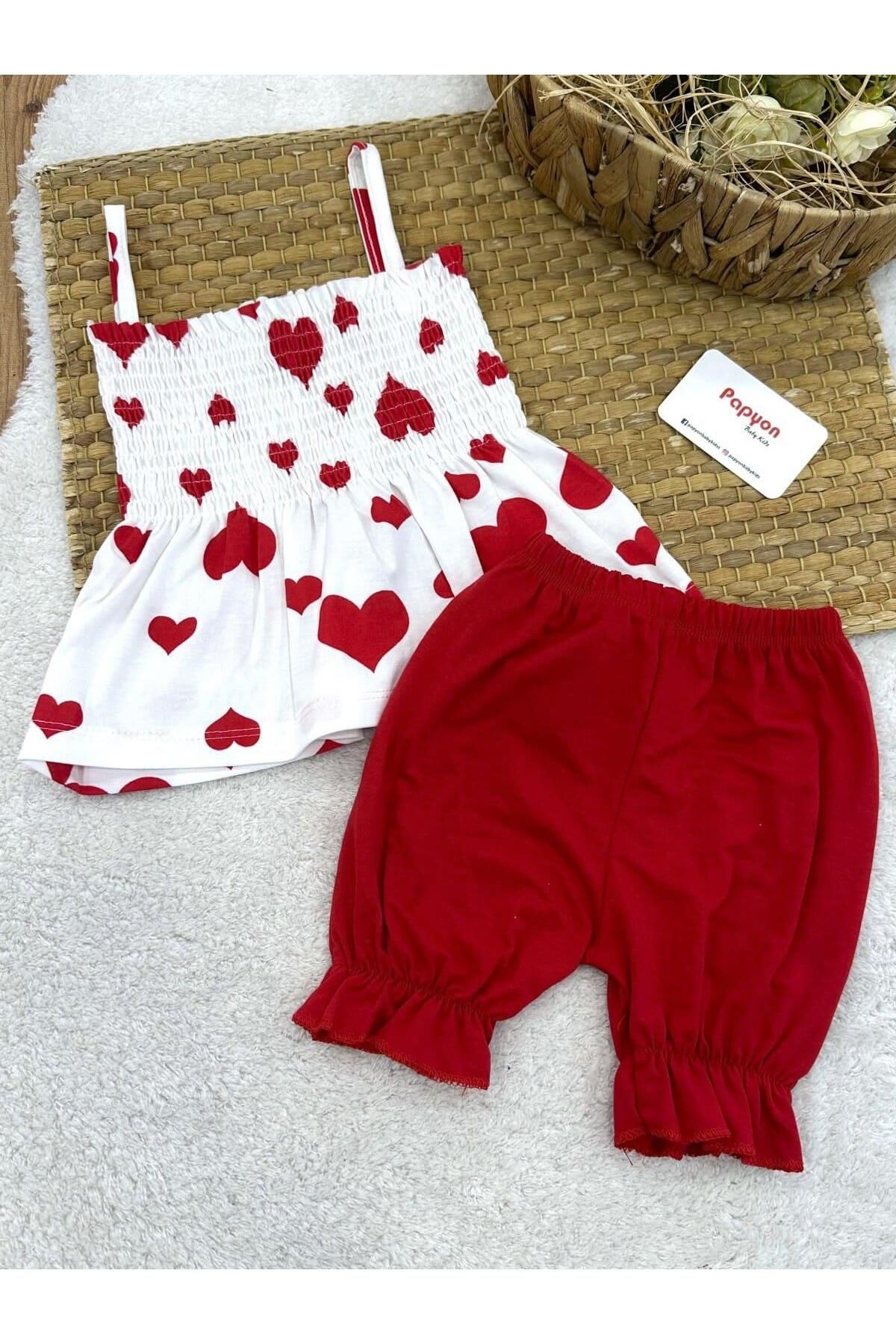 Papyon Baby Kids Kalp Desenli İp Askılı Bluz Şort Kız Bebek 2li Takım (6-9/9-12/12-18/18-24 Ay)