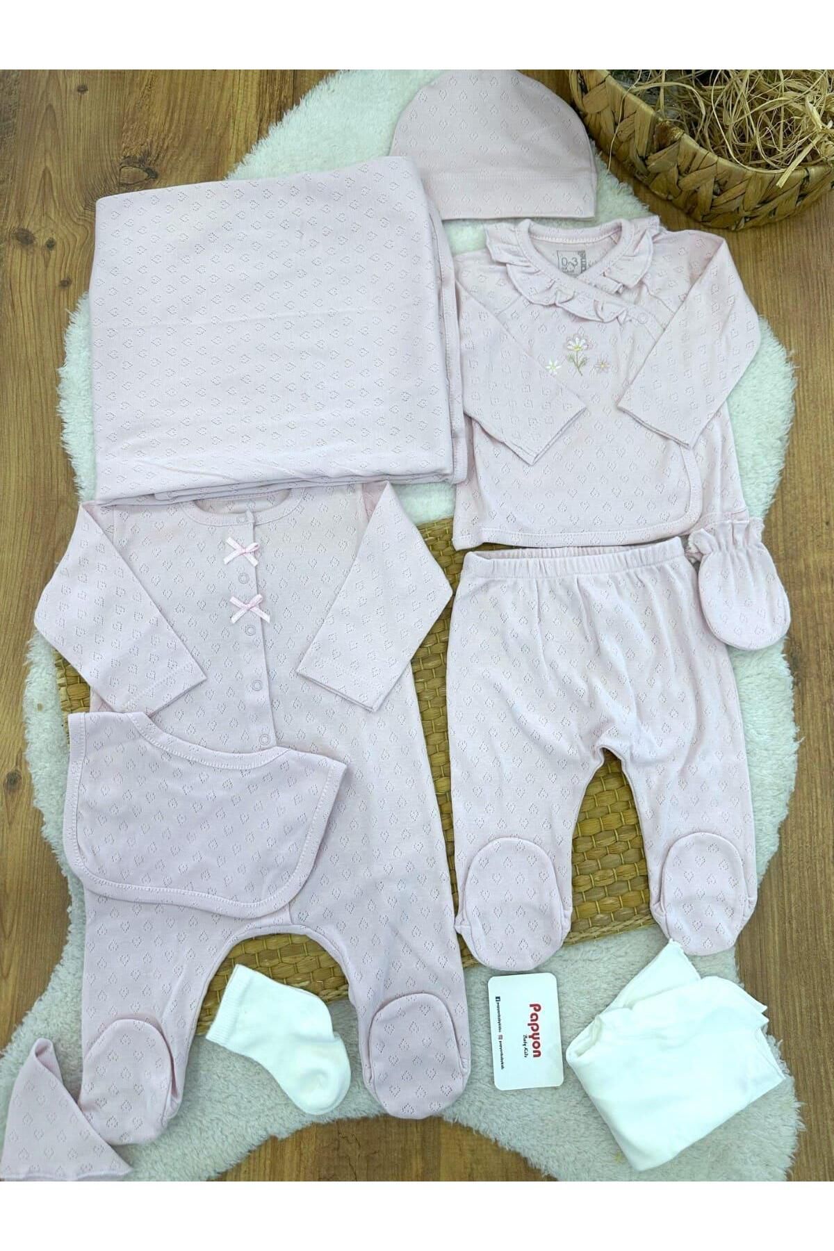 Papyon Baby Kids Çiçek Nakışlı Kalp Model Jakarlı Tulumlu Yenidoğan Kız Bebek 10lu Zıbın Set Hastane Çıkışı