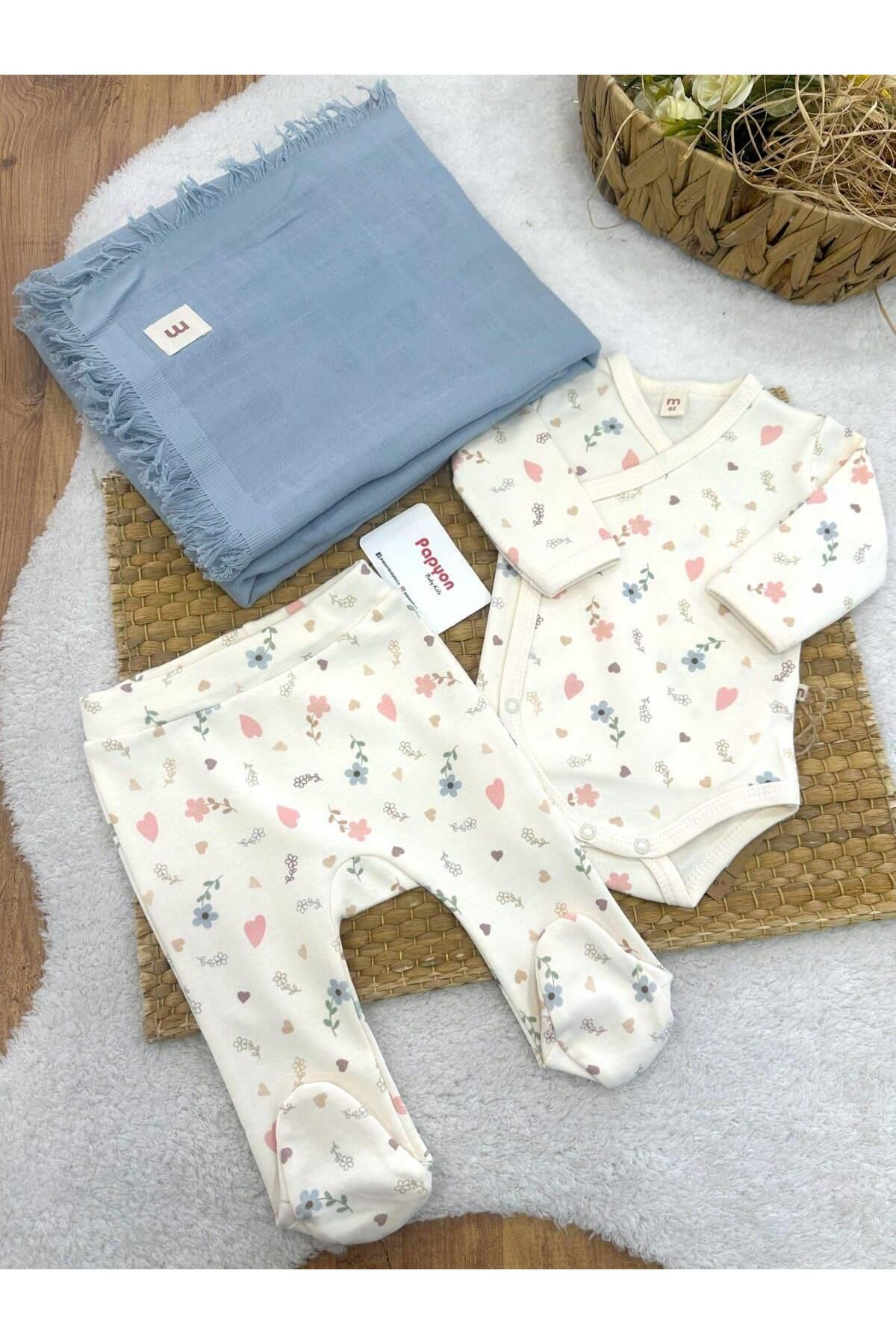Papyon Baby Kids Kalp Çiçek Desenli Çıtçıtlı Badi Alt Müslin Battaniyeli Yenidoğan Kız Bebek 3lü Set