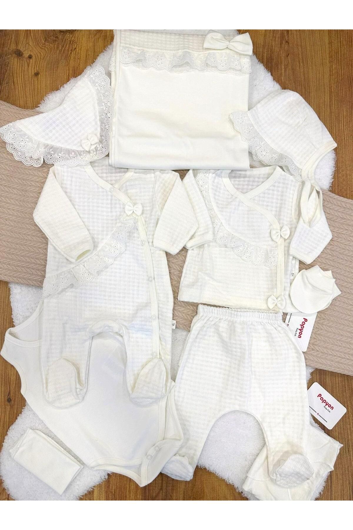 Papyon Baby Kids Pretty Güpürlü Fiyonklu Yenidoğan Kız Bebek 10lu Hastane Çıkış Seti