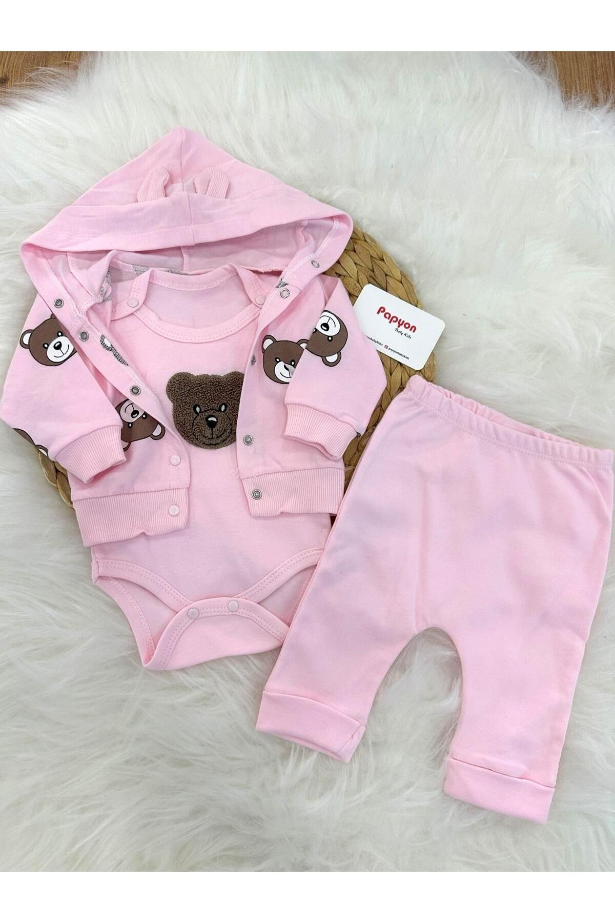 Papyon Baby Kids Ayıcık Desenli Kapşonlu Ceketli Kız Bebek 3lü Takım 0-3/3-6/6-9 Ay
