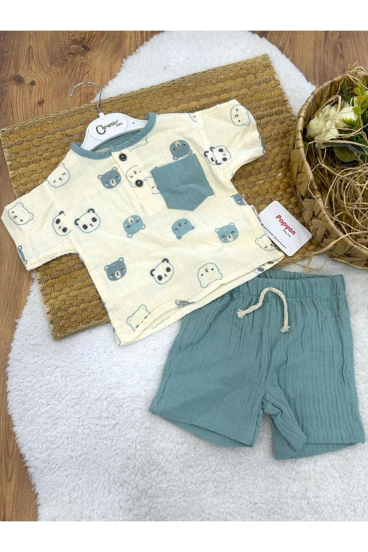 Papyon Baby Kids Ayıcık Desenli Cepli Tişört Şort Erkek Bebek Müslin Takım (6-9/9-12/12-18/18-24 Ay)