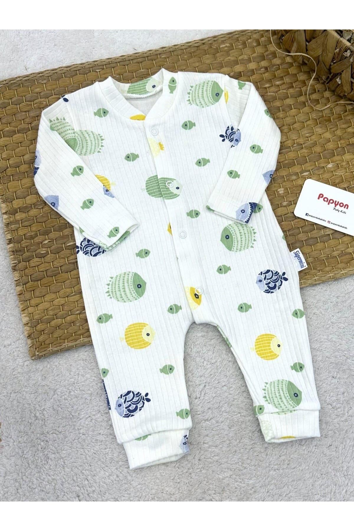 Papyon Baby Kids Balık Baskılı Fitilli Uniseks Bebek Tulum (0-3/3-6/6-9 Ay)