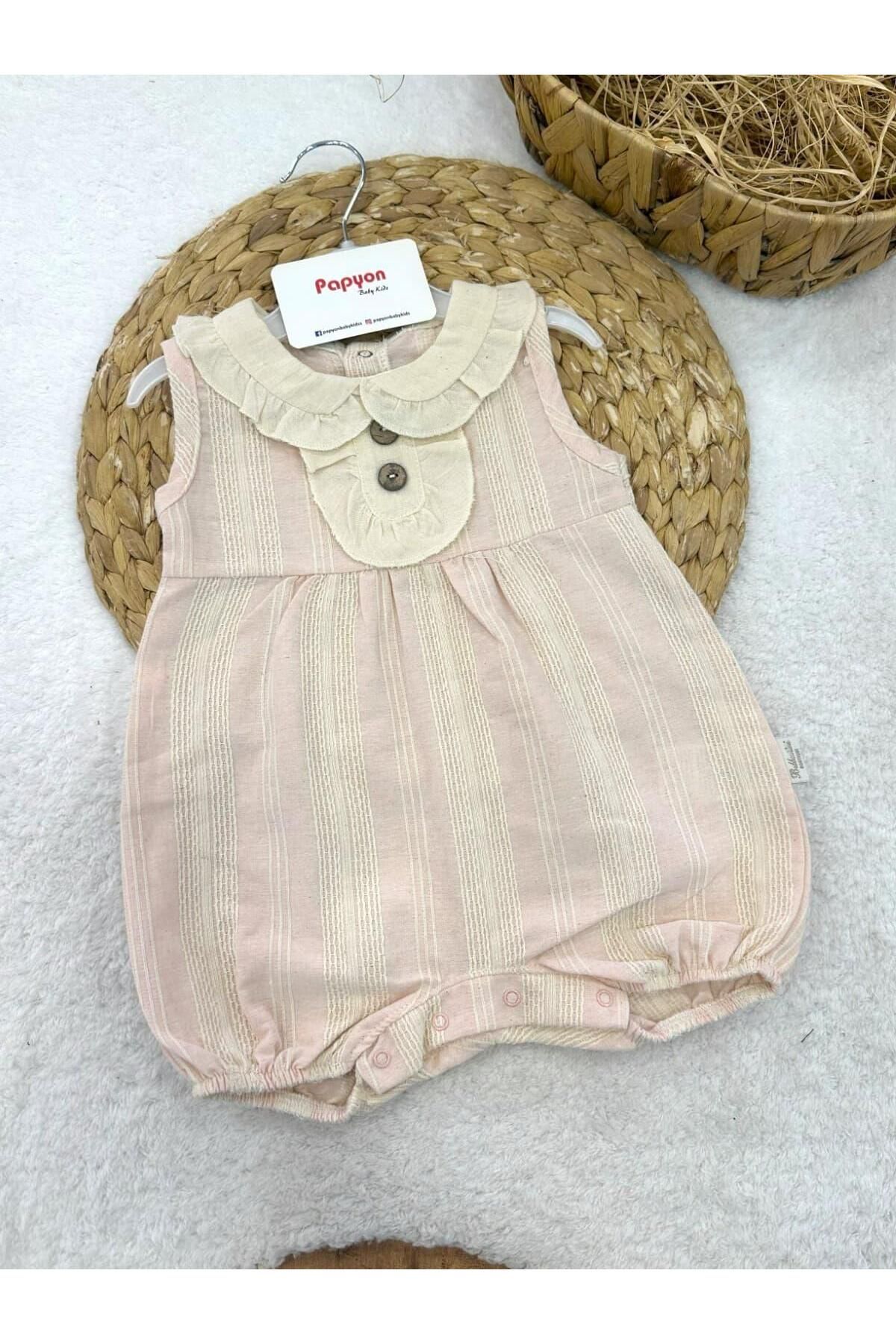 Papyon Baby Kids Müslin Yakalı Zincir Nakışlı Kız Bebek Keten Şort Tulum (0-3/3-6/6-9/9-12 Ay)