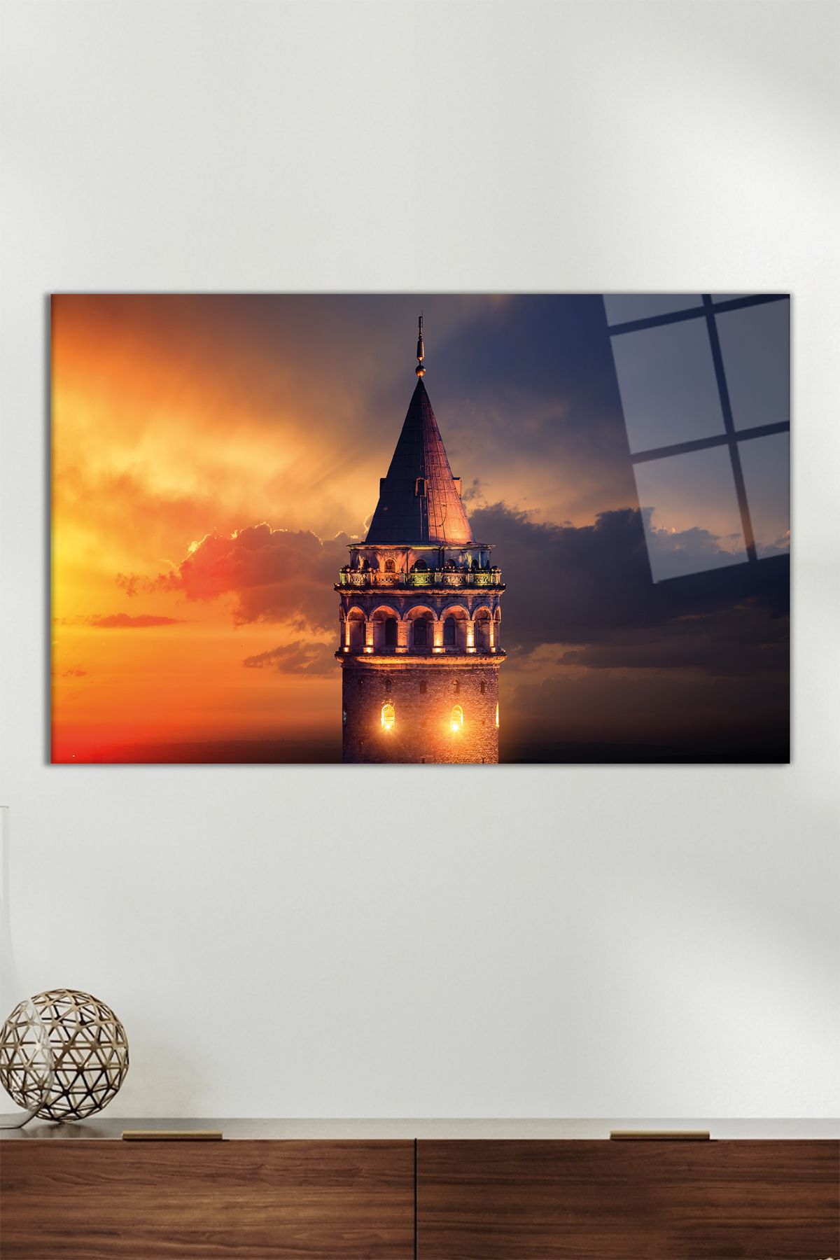 Vosevu Gün Batımında Galata Kulesi Yatay Cam Tablo, Modern Ev Dekoru, Hediyelik Duvar Dekorasyonu, Kırılmaz