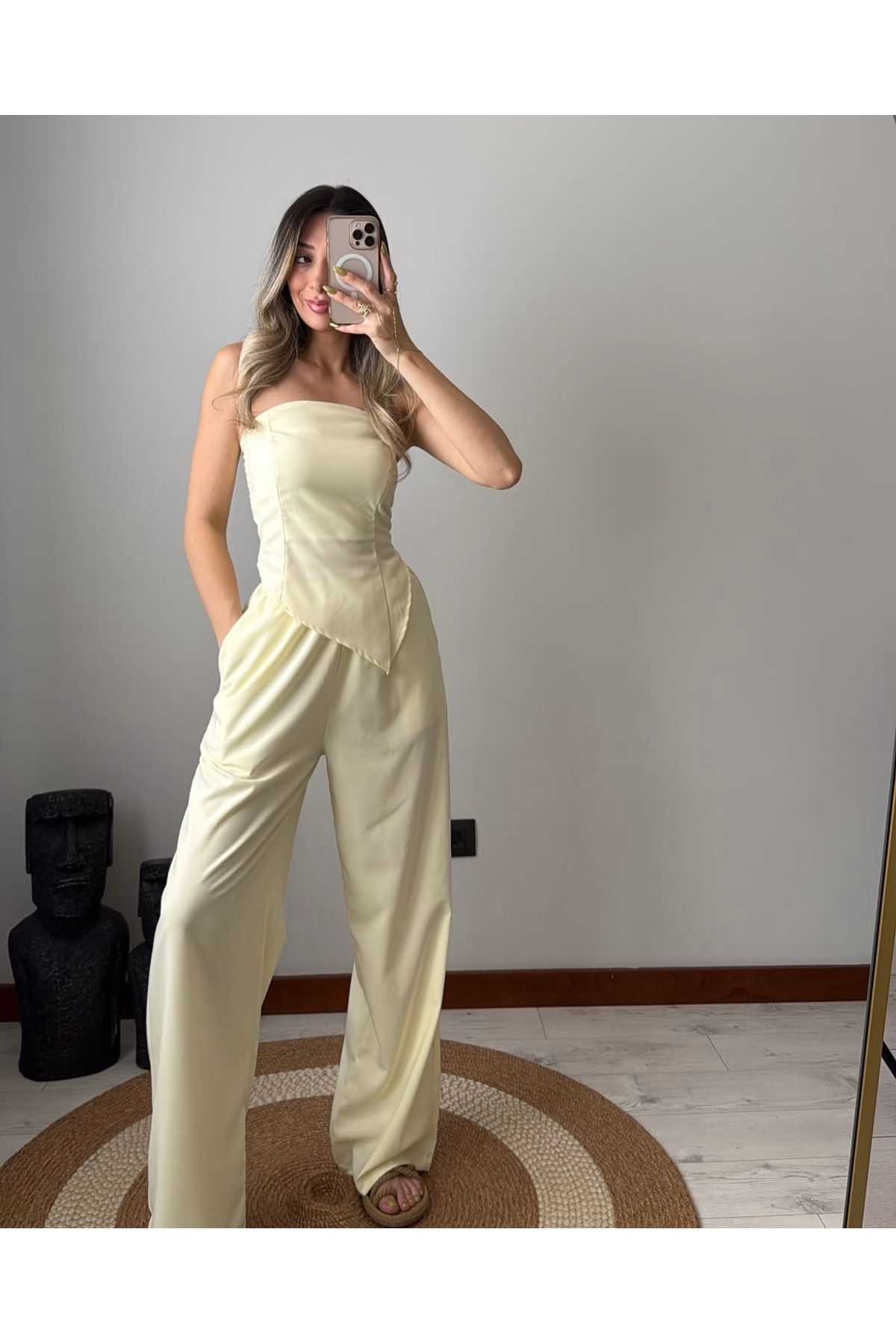 sinemkivanc co Trend Straplez Bluz Pantolon Keten Takım Sarı