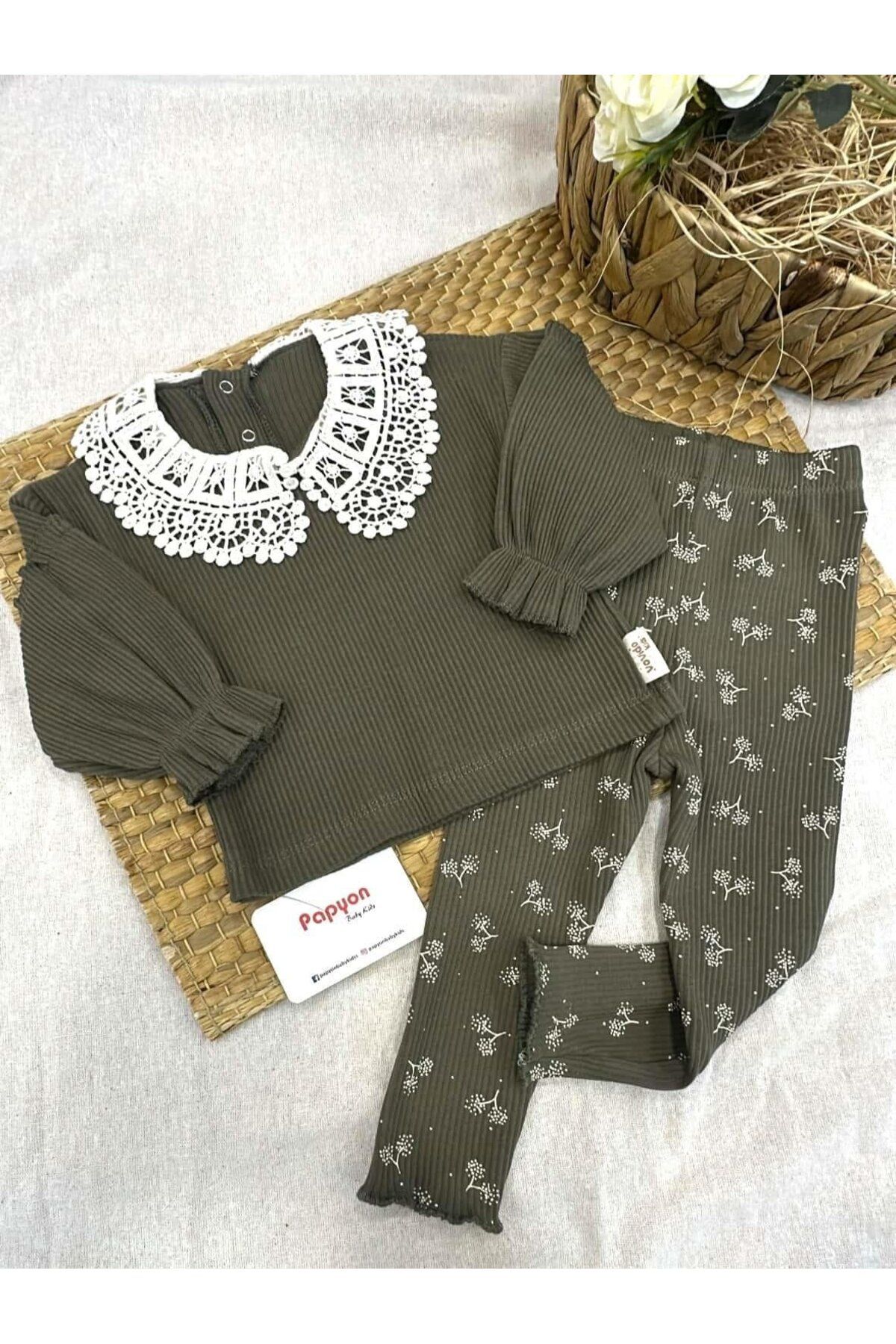Papyon Baby Kids Dantel Yaka Raporlu Kız Bebek Taytlı Takım (6-9/9-12/12-18/18-24 Ay)