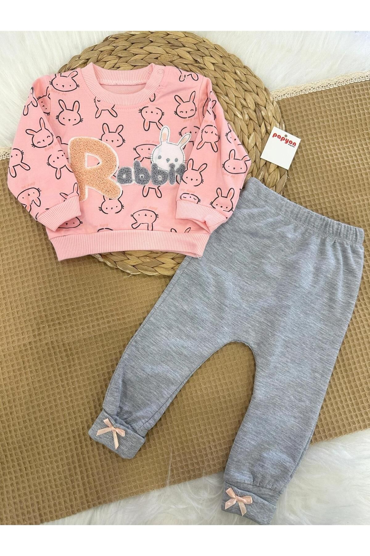 Papyon Baby Kids Süzene Rabbit Nakışlı Kız Bebek 2ip Penye Takım 6-9/9-12/12-18 Ay