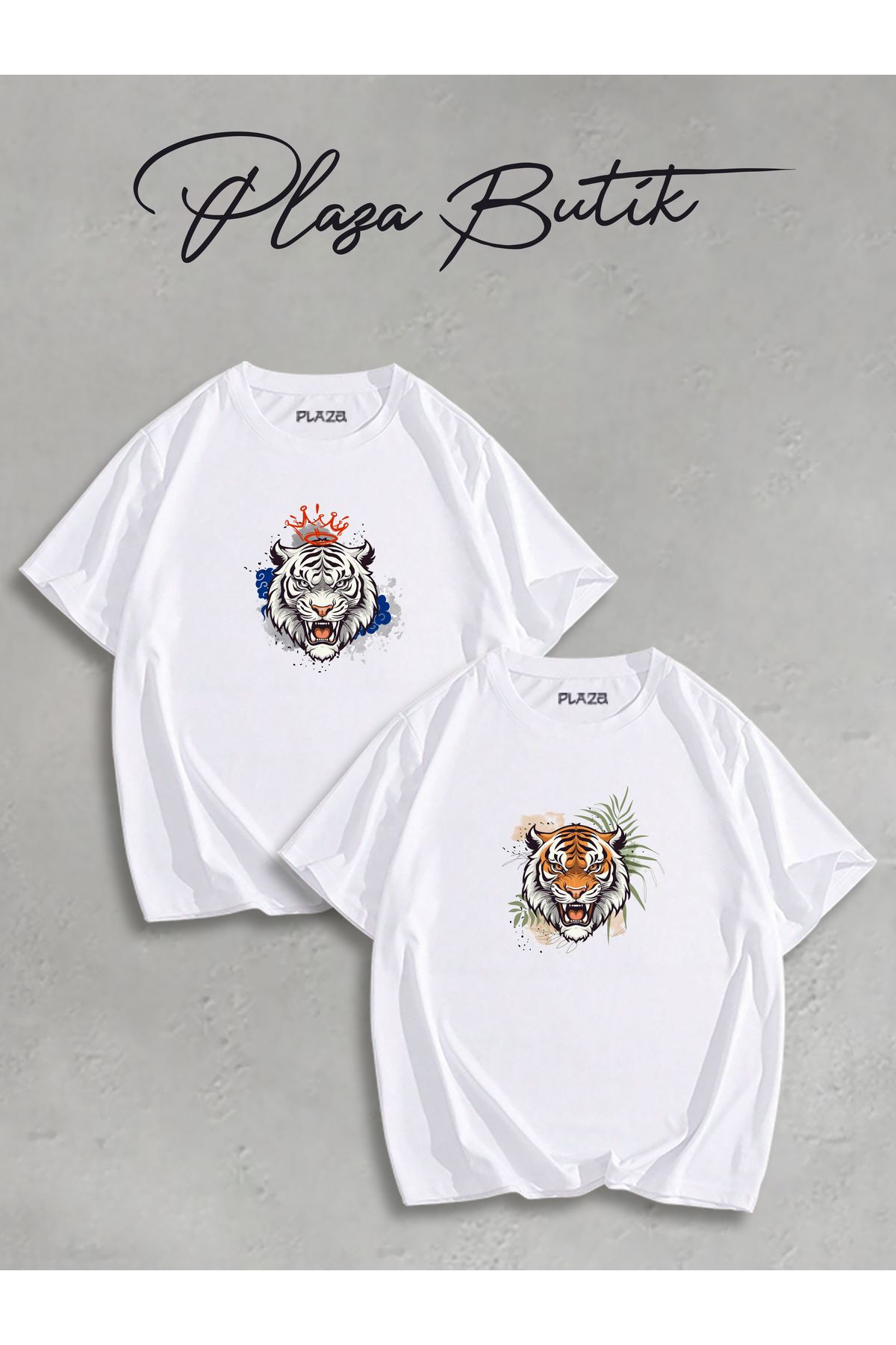 Plaza Butik Erkek Kaplan - Dişi Kaplan İkili Oversize Sevgili T-shirt Eş Kombini