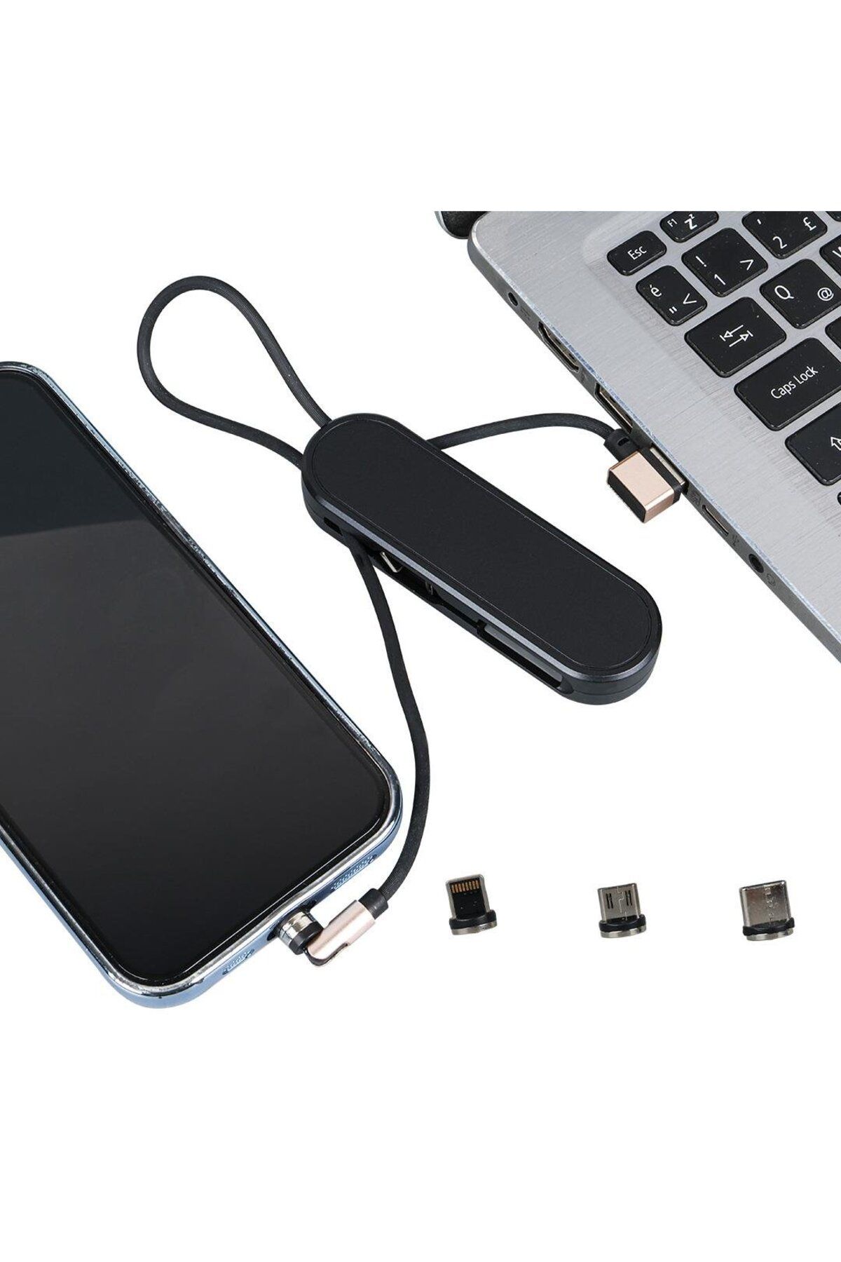 Powermaster PM-25906 Siyah 3in1 (Type C- Lightning- Micro Usb) Manyetik Uç Taşınabilir Şarj Kablosu