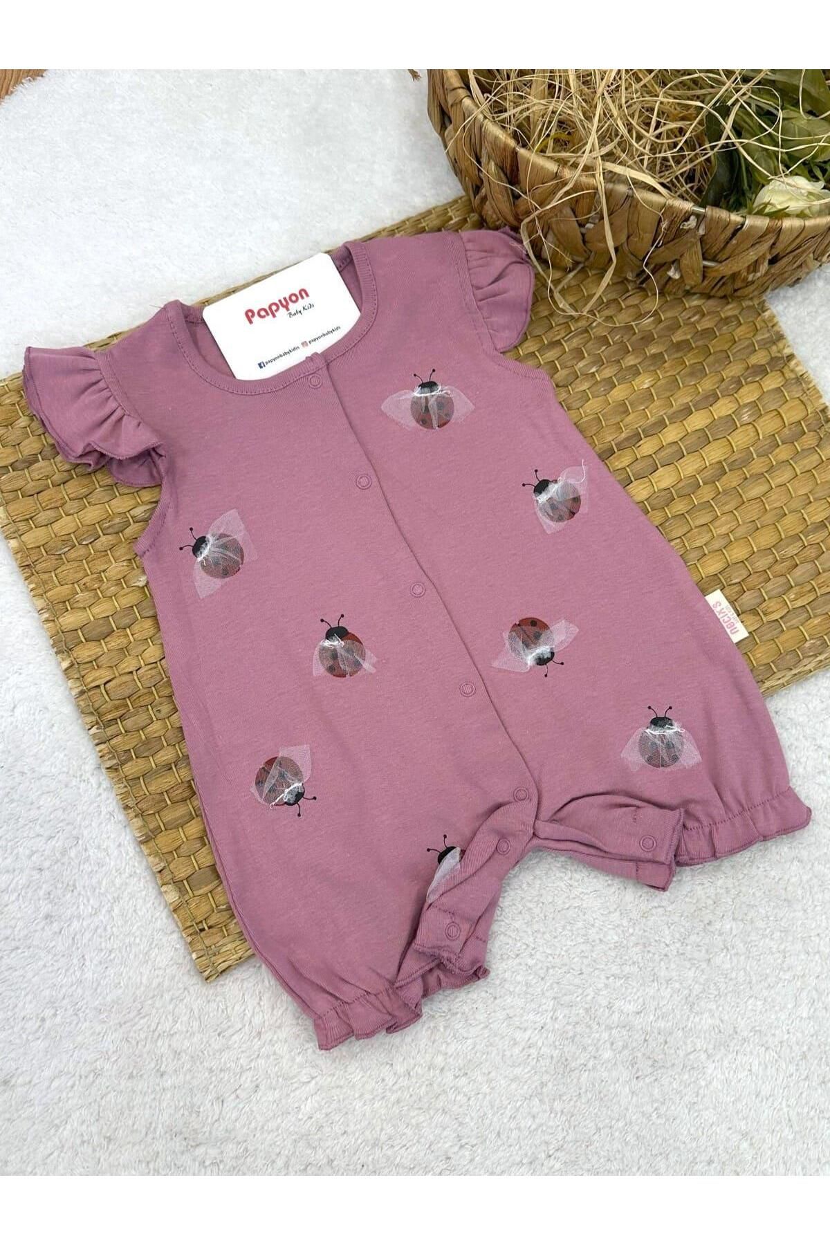 Papyon Baby Kids Uğur Böceği Desenli Kolları Fırfırlı Kız Bebek Yazlık Tulum (3-6/6-9/9-12 Ay)