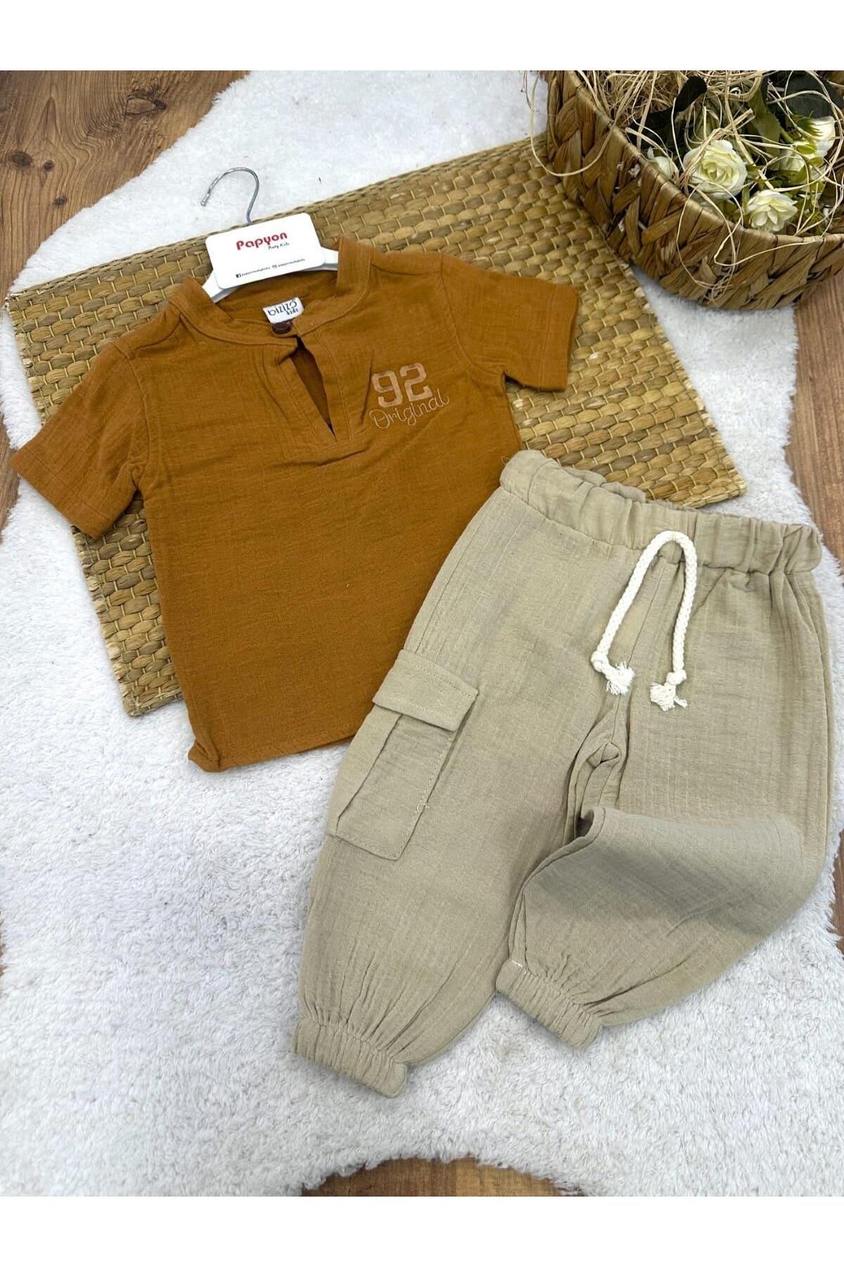 Papyon Baby Kids 92 Original Nakışlı Gömlek Pantolon Erkek Bebek Müslin Takım (6-9/9-12/12-18/18-24 Ay)