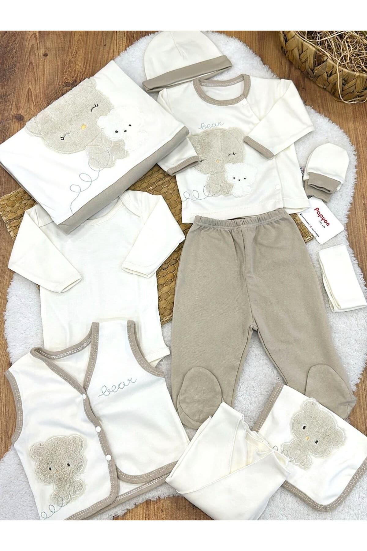 Papyon Baby Kids Süzene Kedi Nakışlı Yenidoğan Uniseks Bebek 10lu Zıbın Set Hastane Çıkışı