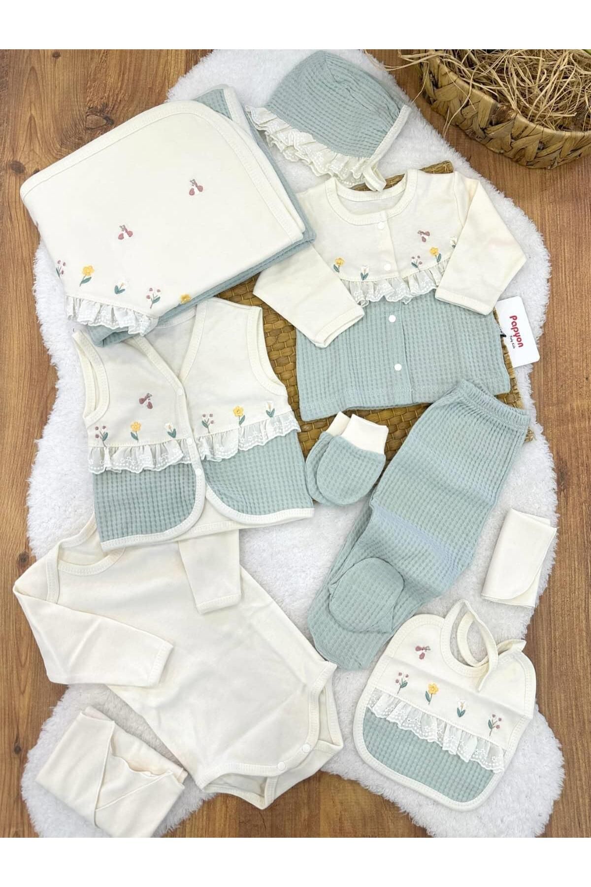 Papyon Baby Kids Çiçek Nakışlı Yenidoğan Kız Bebek 10lu Zıbın Set Hastane Çıkışı