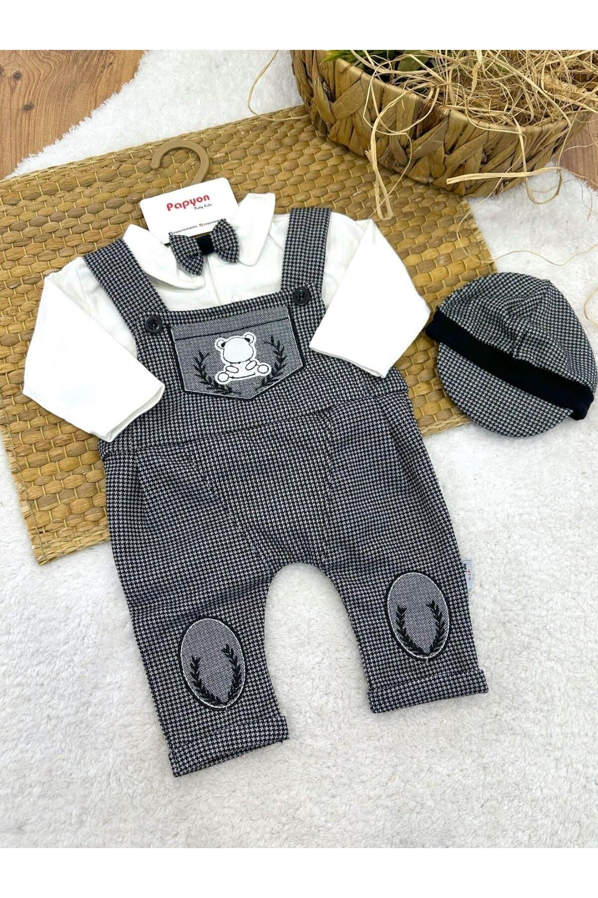 Papyon Baby Kids Papyonlu Badili Ayıcık Nakışlı Kazayağı Salopetli Erkek Bebek 3lü Takım (0-3/3-6/6-9/9-12 Ay)