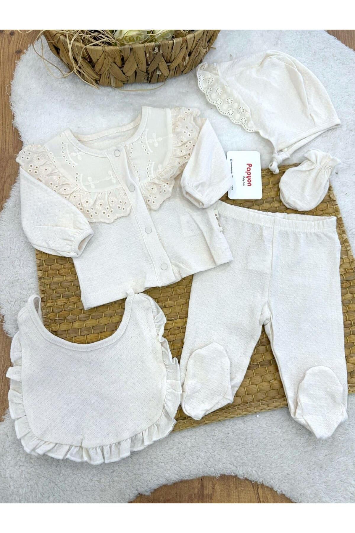 Papyon Baby Kids Yalinga Güpürlü Yenidoğan Kız Bebek 5li Zıbın Set Hastane Çıkışı