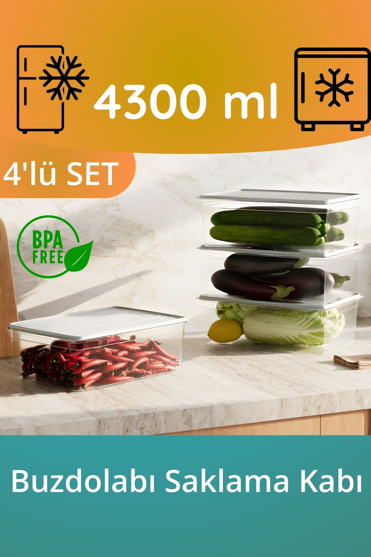 Dnl Home 4'lü 4.3 Litre Buzdolabı Dondurucu Difriz Organizer Saklama Kabı (4 x 4300 ml)
