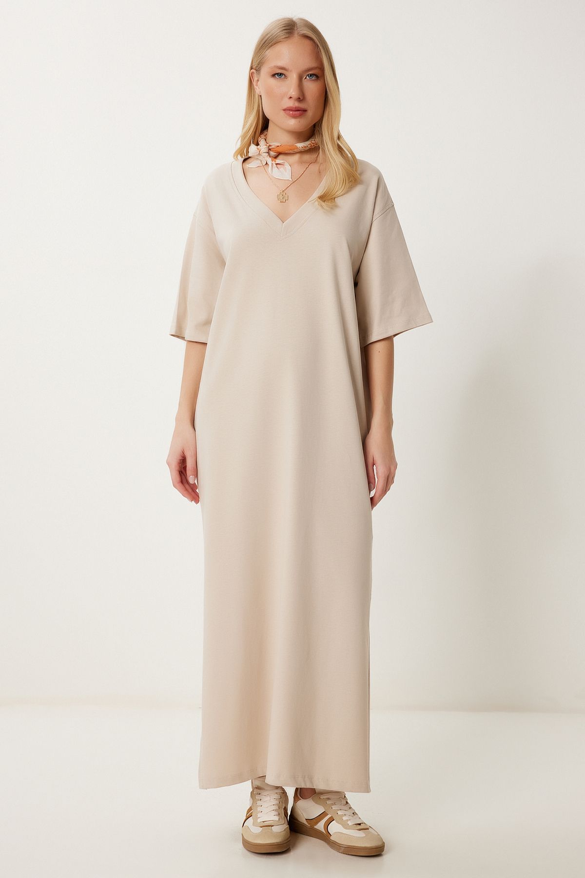 Lovelyİstanbul Oversize Basic Yazlık Esnek Örme Elbise BEJ LUB0113