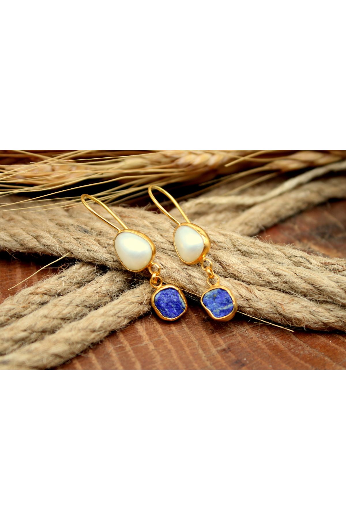 alpsilverart 925 Ayar Gümüş Lapis Lazuli ve İnci Taşlı El Yapımı Küpe | Doğal Taş Takı