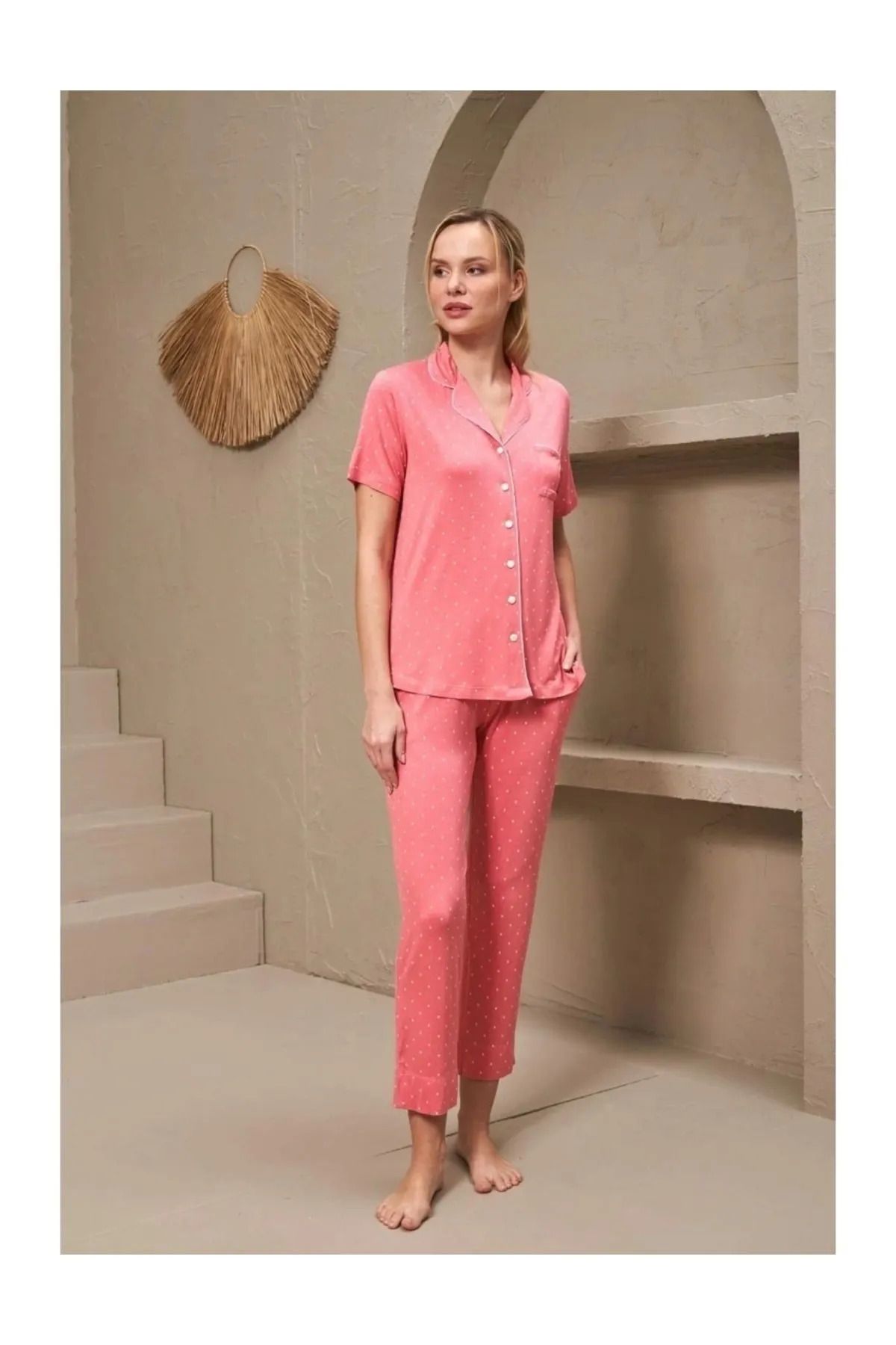 PJS KADIN BOYDAN DÜĞMELİ PUANTİYELİ YAZLIK PİJAMA SET