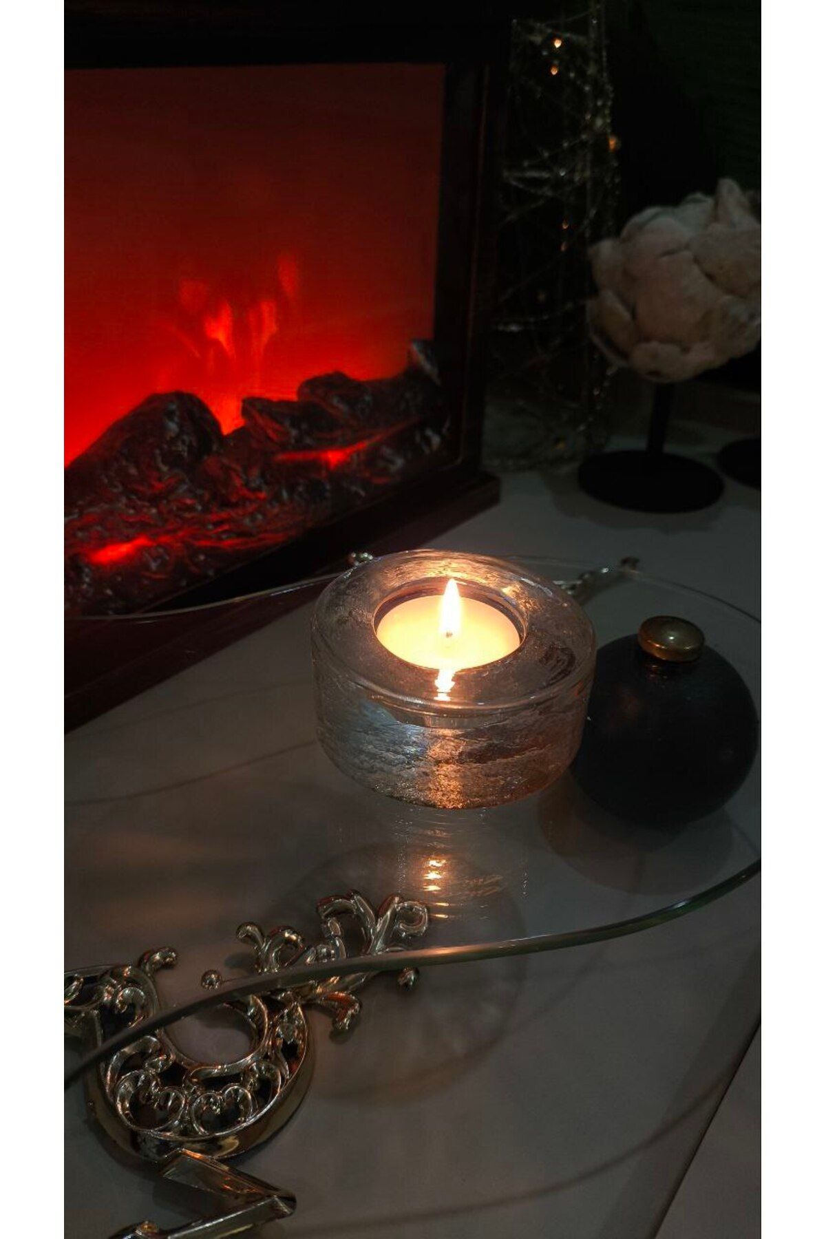 Tavcam Yuvarlak Cam Mumluk - El işi cam özel dokulu yüzey tealight mumluk