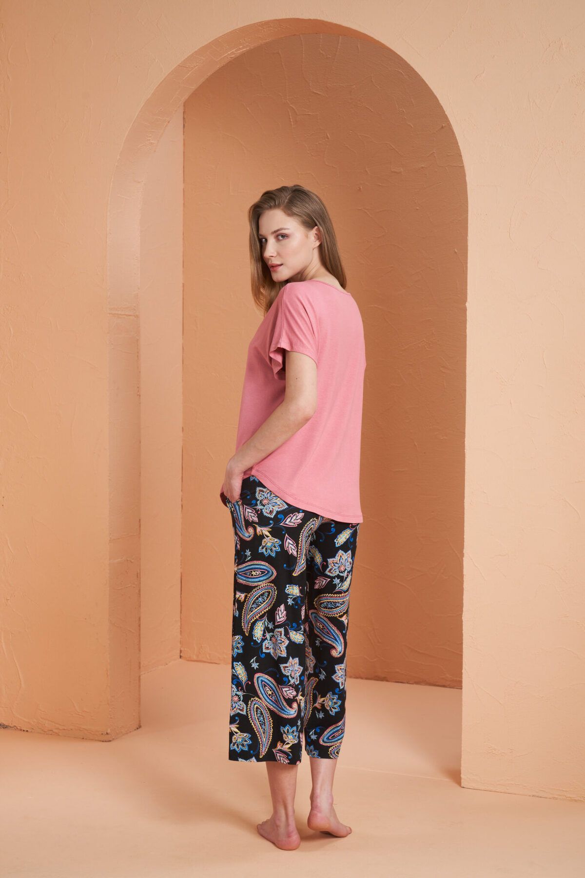 PJS KADIN DESENLİ YAZLIK KAPRİ SET