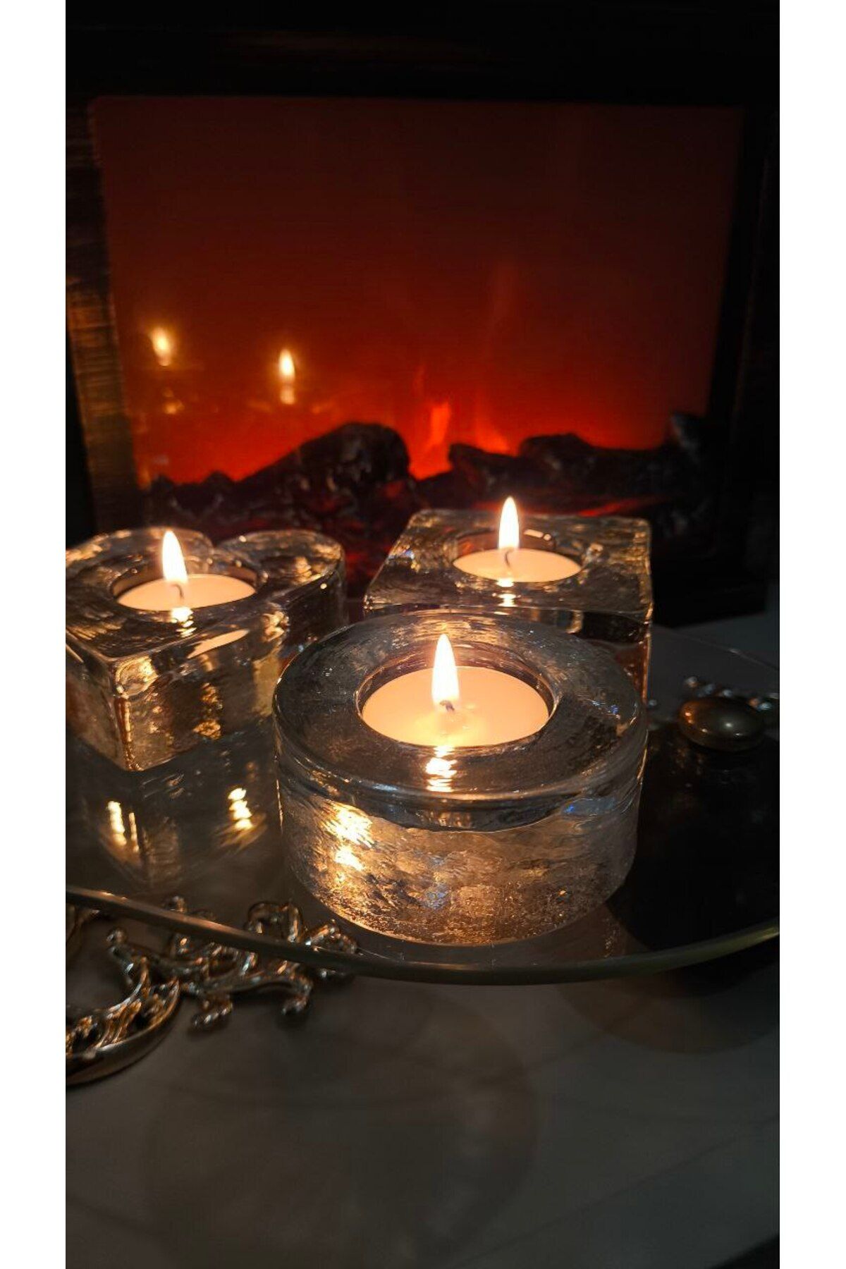 Tavcam Kare , Kalp ve Yuvarlak şekil 3 lü set Cam Mumluk - El işi cam özel dokulu yüzey tealight mumluk