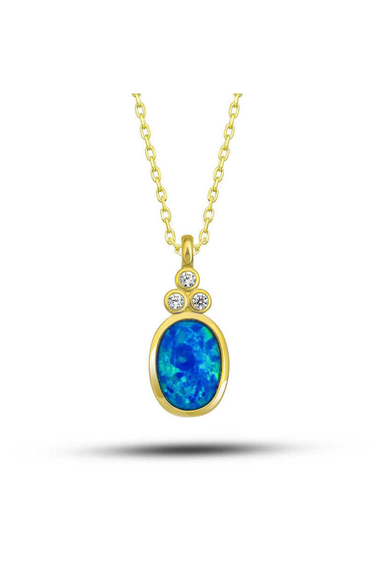 Emperium Gümüş Gold Mavi Opal Taşlı Ananas Kadın Kolye