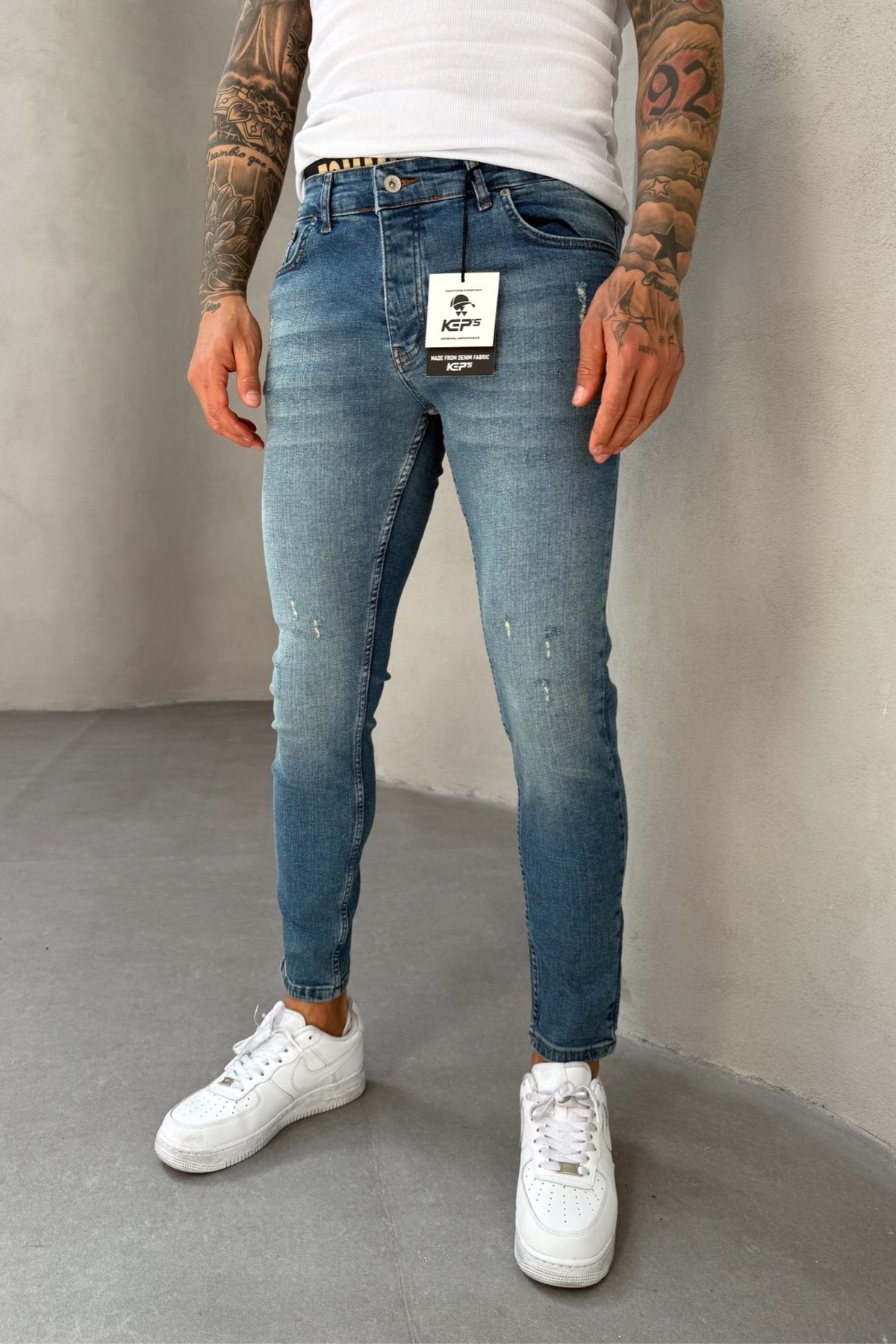 MADZEYMODA Slim Fit Dar Kesim Likralı Denim Kumaş Yırtık Detaylı Erkek Mavi Jean Kot Pantolon KE-771