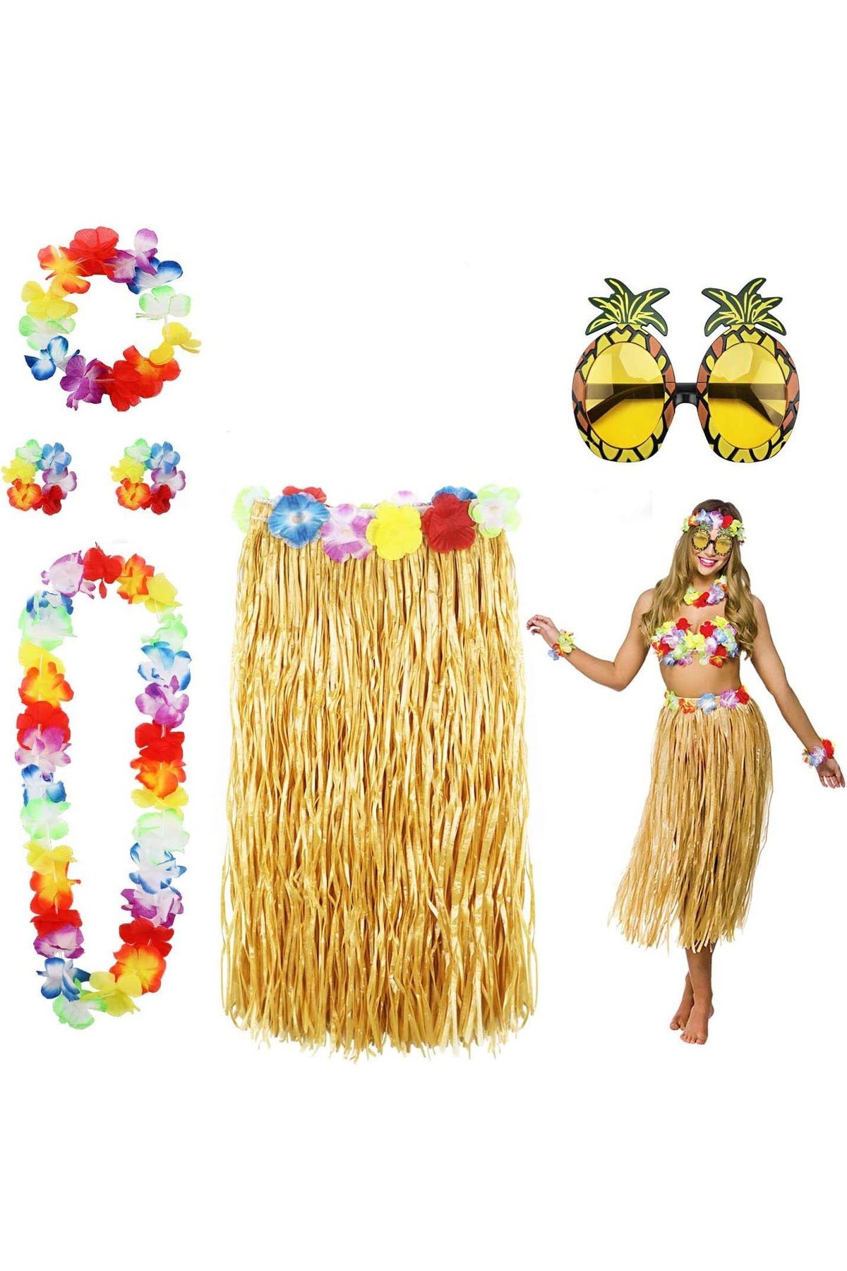 Epilons Hawaii Parti Kostüm Seti - 60 cm Hasır Etek, Çiçekli Aksesuarlar ve Ananas Gözlük