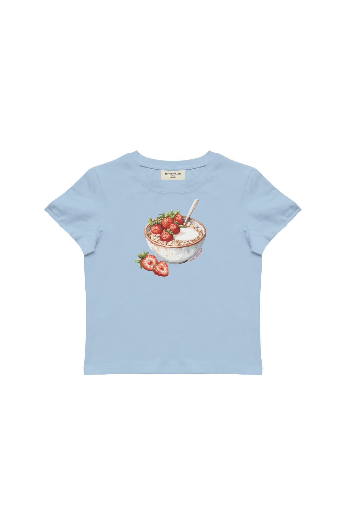 lethestudios Strawberry Oats Baskılı, Meyve Desenli Baby Tee Crop Top