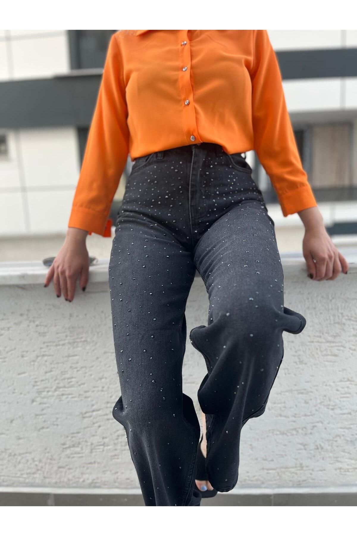 Butik Lavvbutik Taşlı Wideleg Gri Palazzo Pantalon