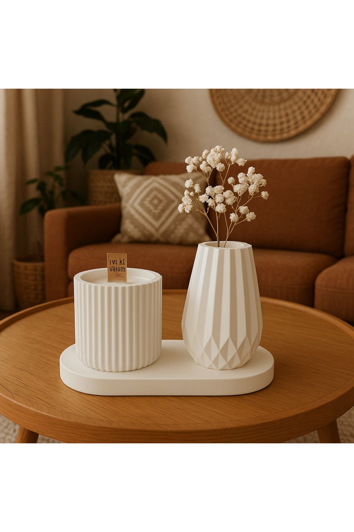 Arteliss İskandinav Bohem Tarzı Premium Amber Kokulu Ahşap Fitilli Mum Ve Vazo Seti