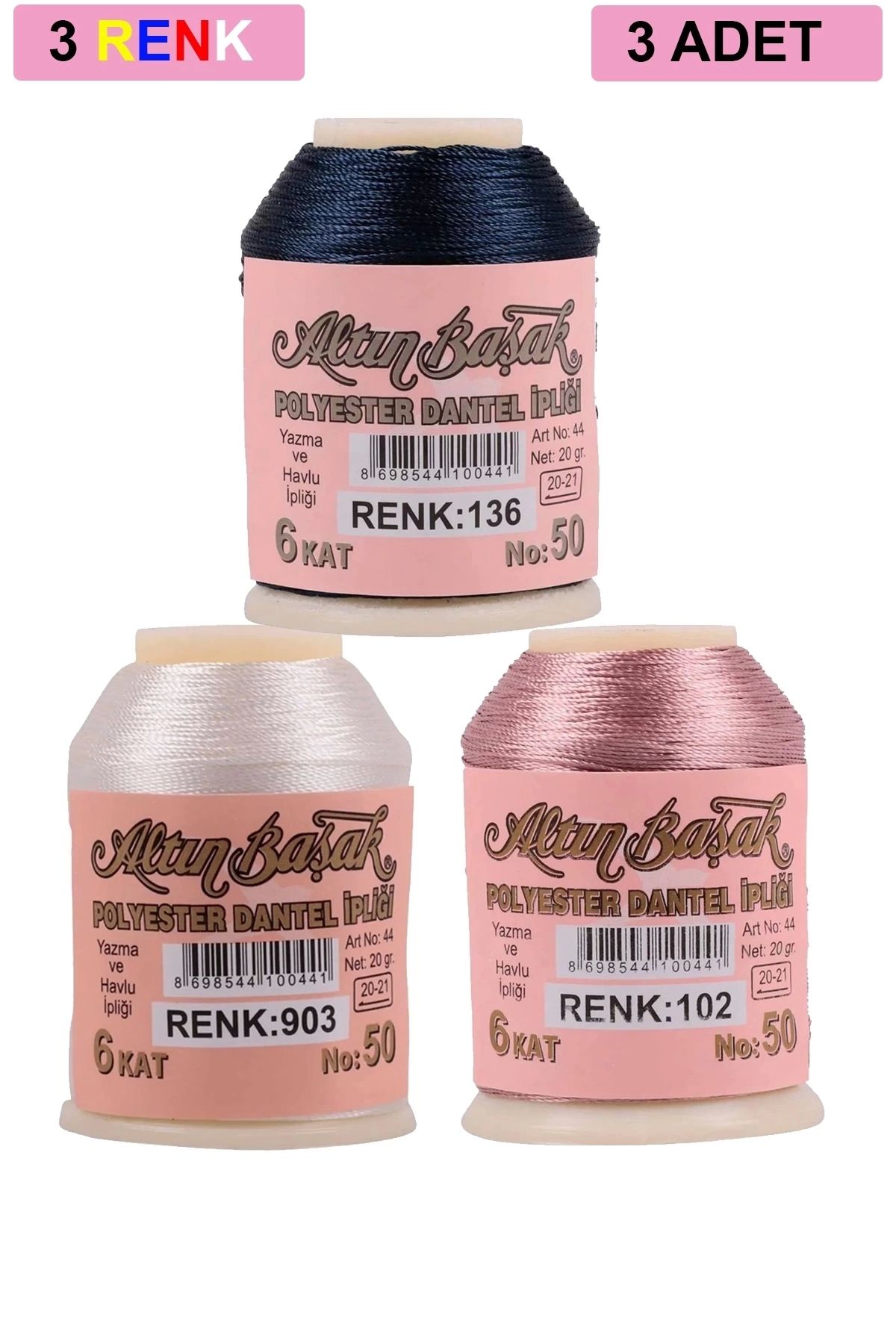 PRATİKOBA 3 Adet Altınbaşak Oya ve Dantel İpi 20 gr - Royaleks - No: 903 - 102 - 136