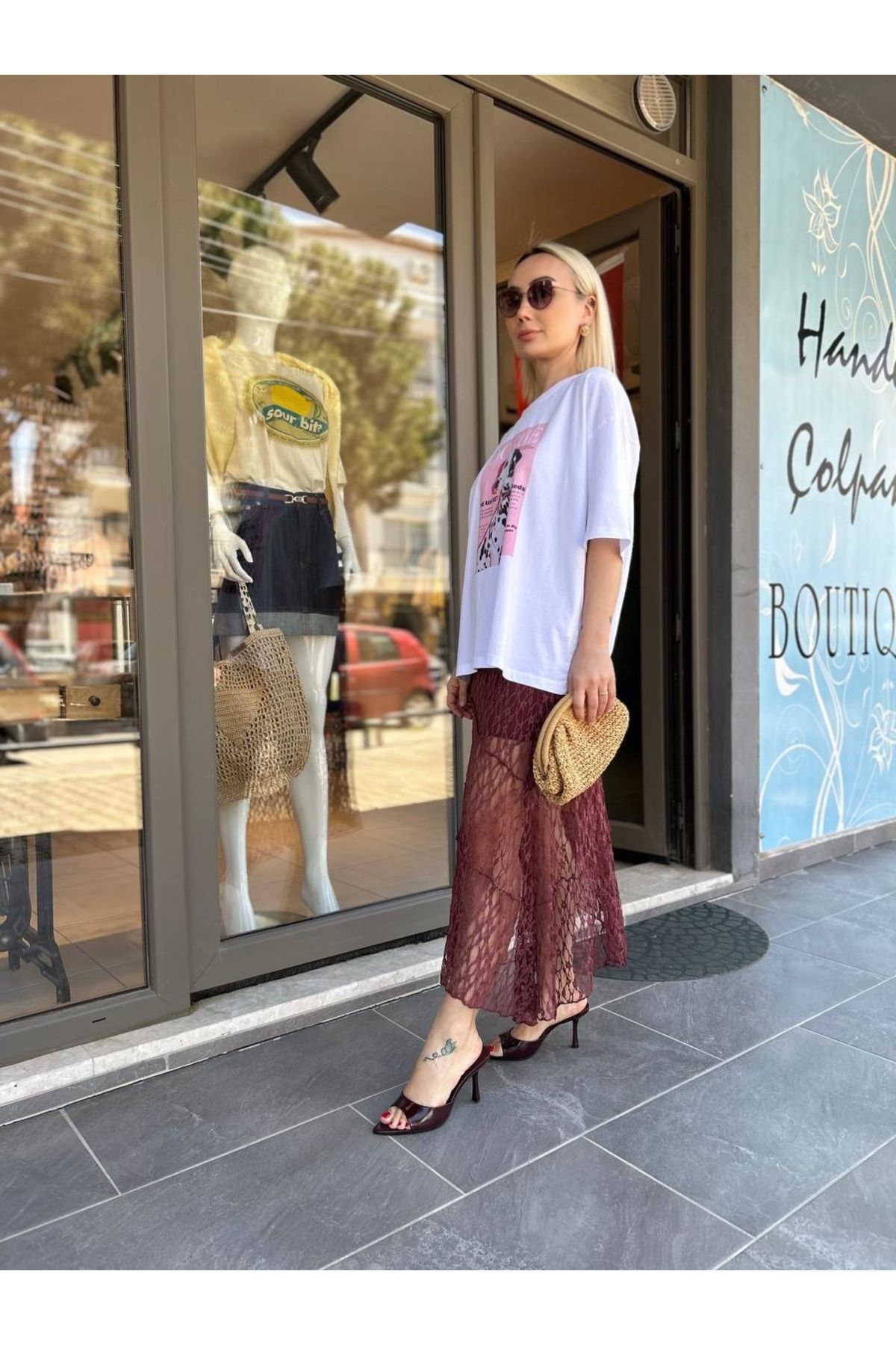 HANDE ÇOLPAN Bordo Dantelli Etek