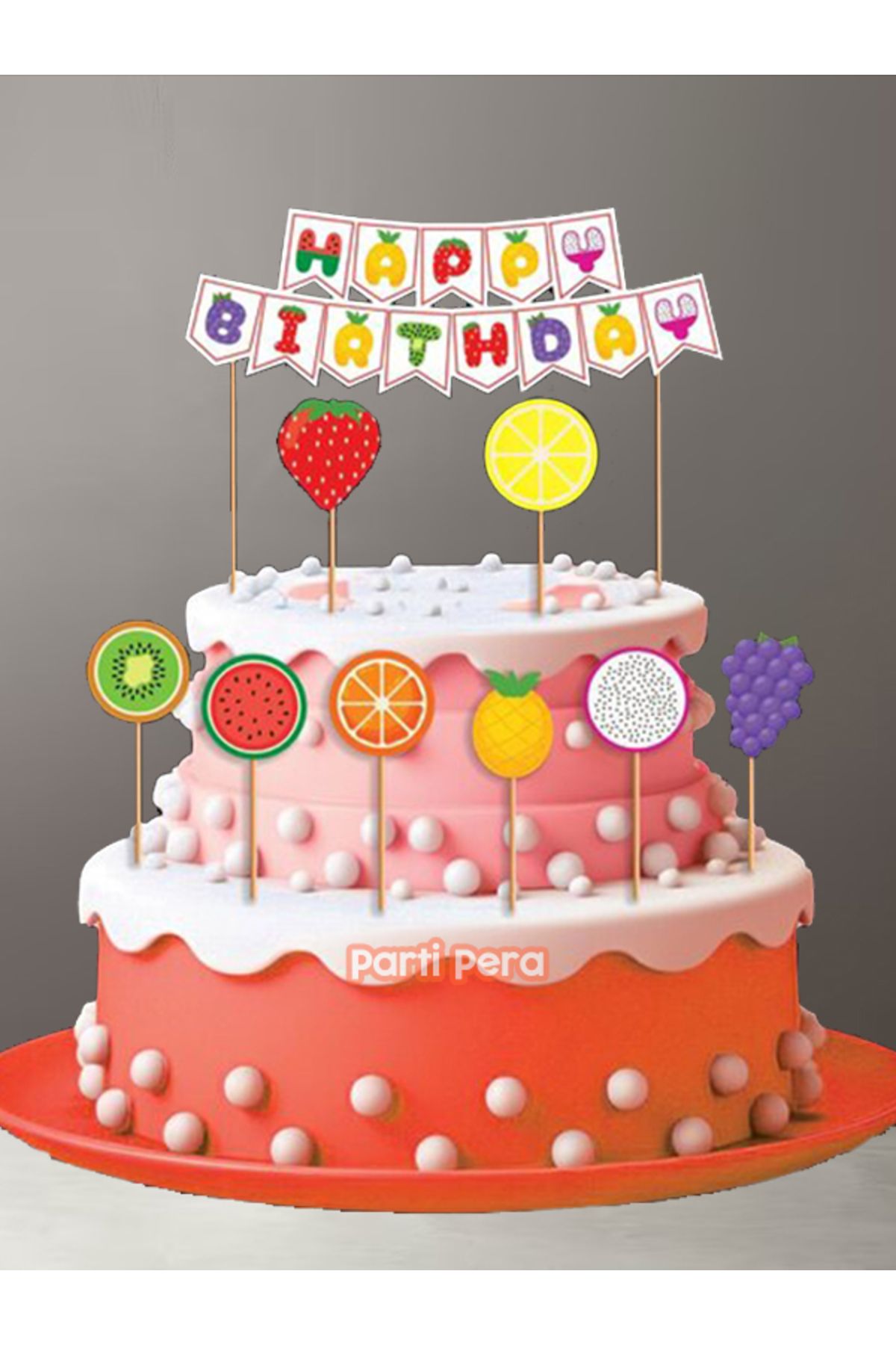 parti pera Meyve Temalı Pasta Süsü Happy Birthday Yazılı Pasta Süsü Toplam 9 Parça
