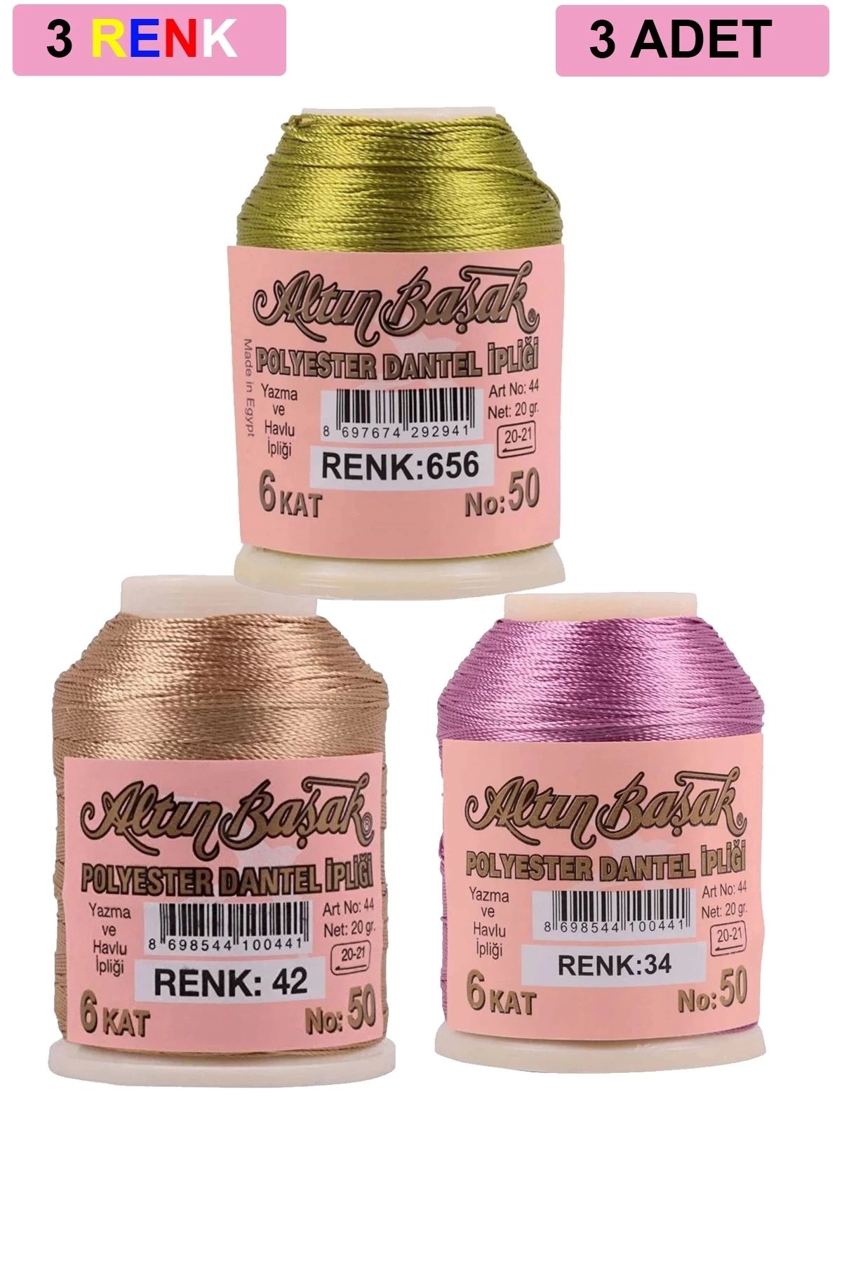 PRATİKOBA 3 Adet Altınbaşak Oya ve Dantel İpi 20 gr - Royaleks - No: 042 - 034 - 656