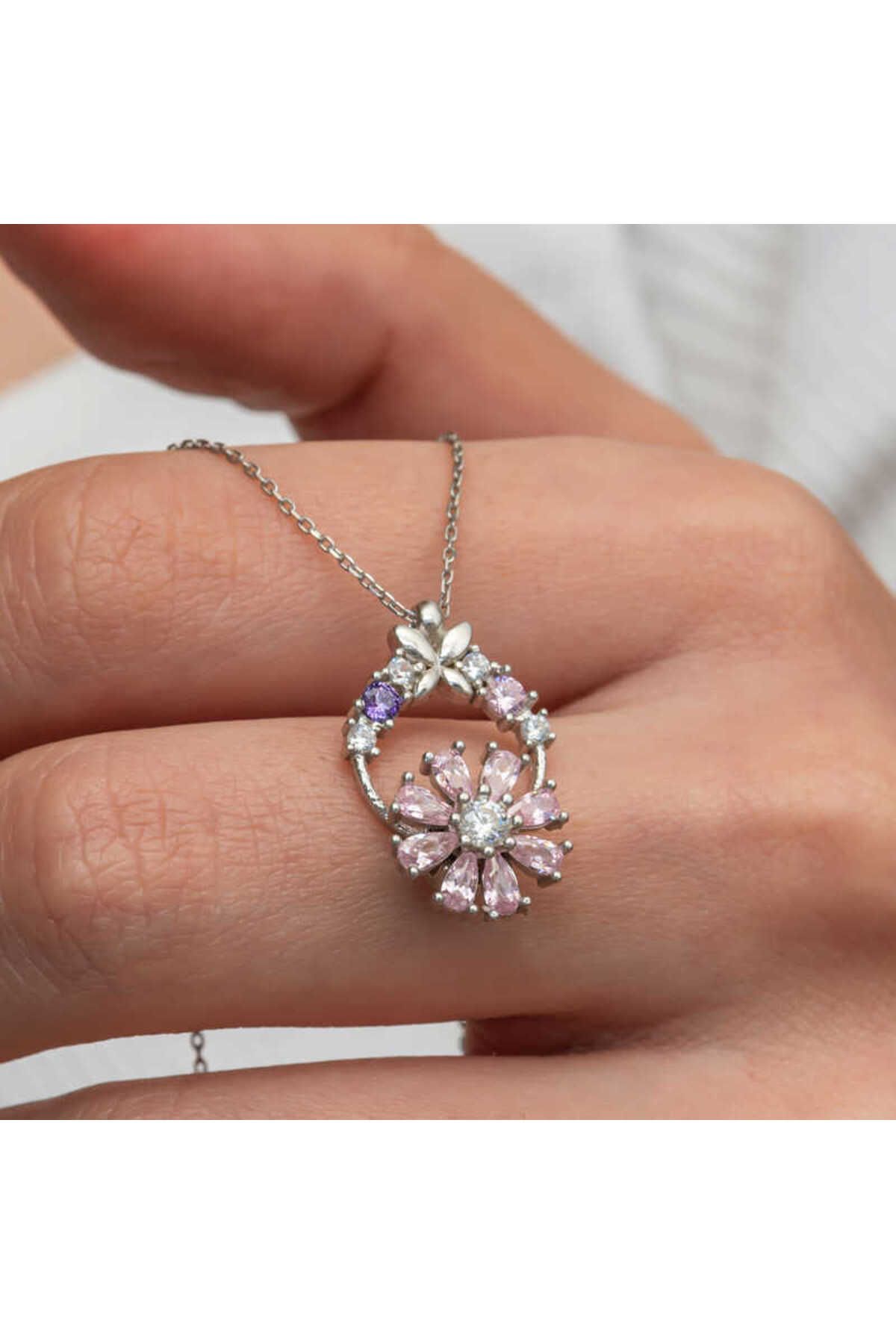 Emperium Gümüş Pembe Dönen Çiçek Kadın Kolye