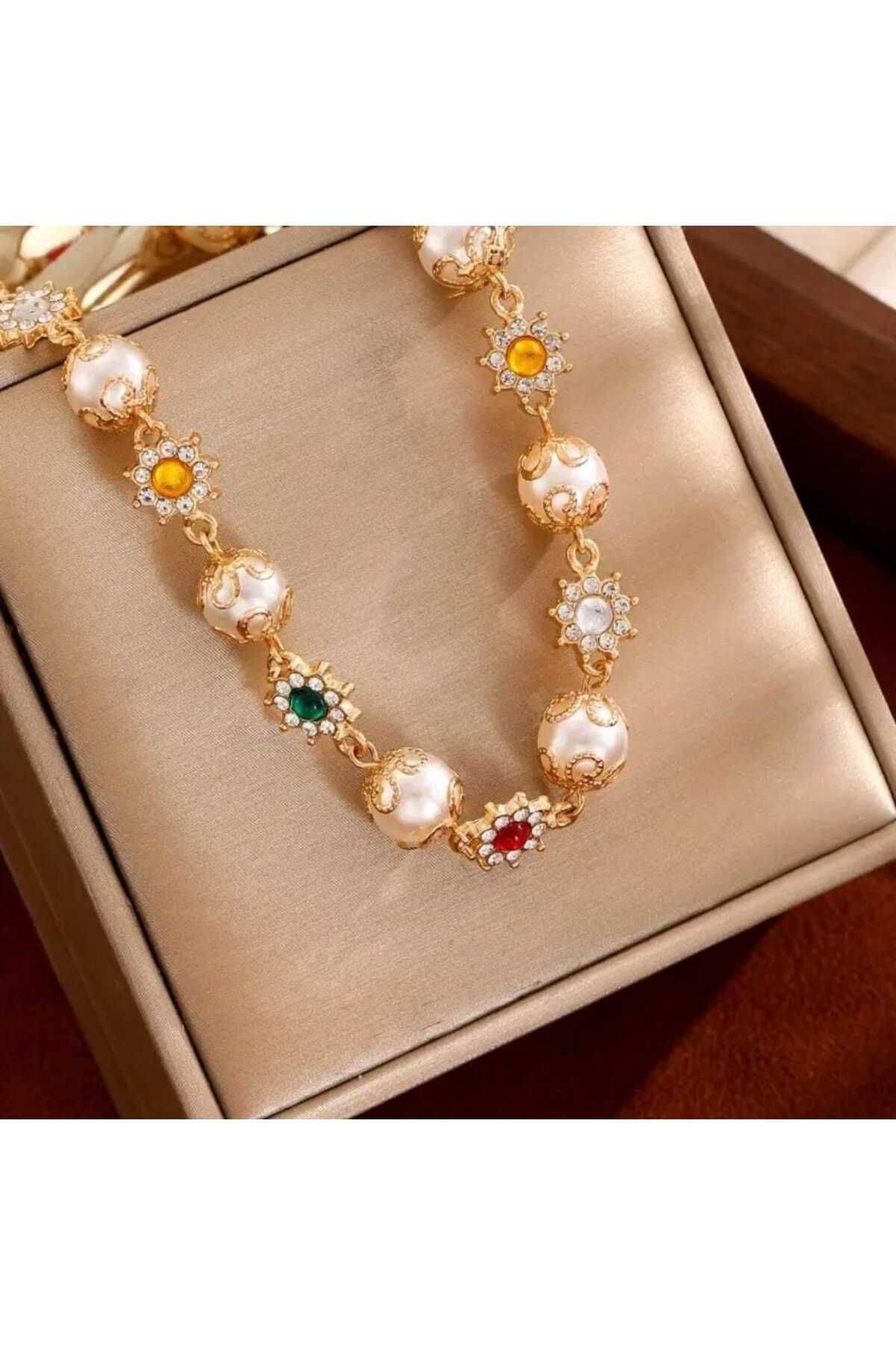 ÜMRANİKA JEWELLERY Renkli Taşlı Vintage İnci Kolye